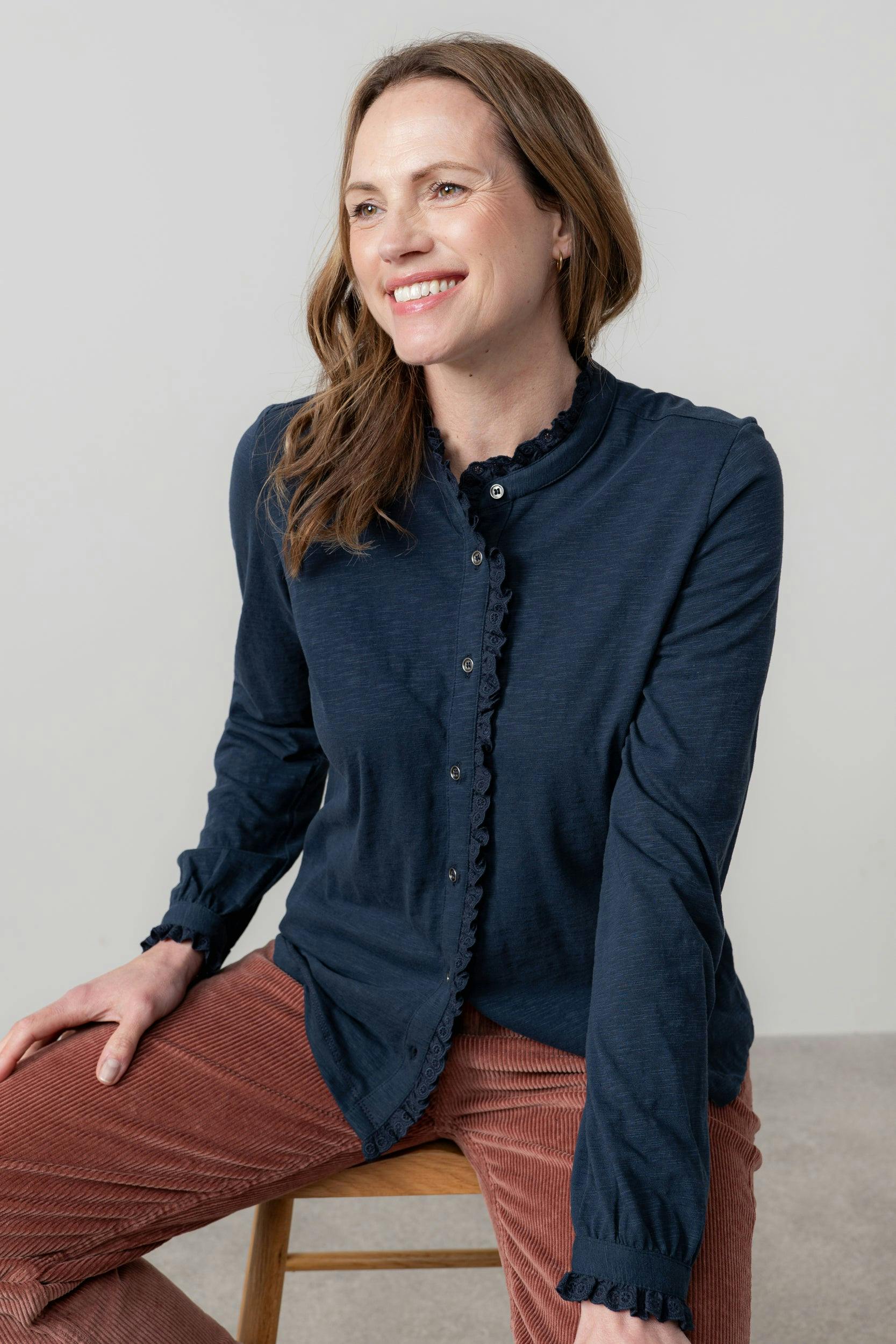 Lily & Me Sage Frill Organic Cotton Blouse Navy - Navy - 12