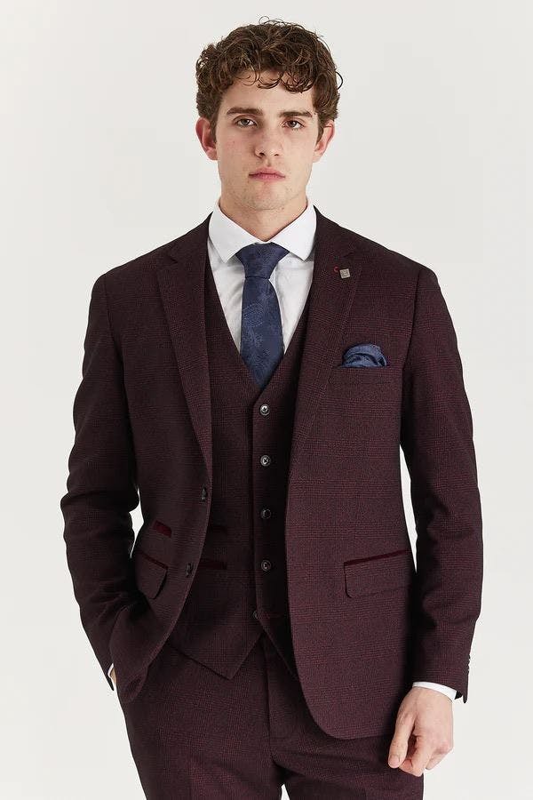 Infinity Leather Men's Wine Suit Blazer Prince Of Wales Formal Blazer - Wine - 44