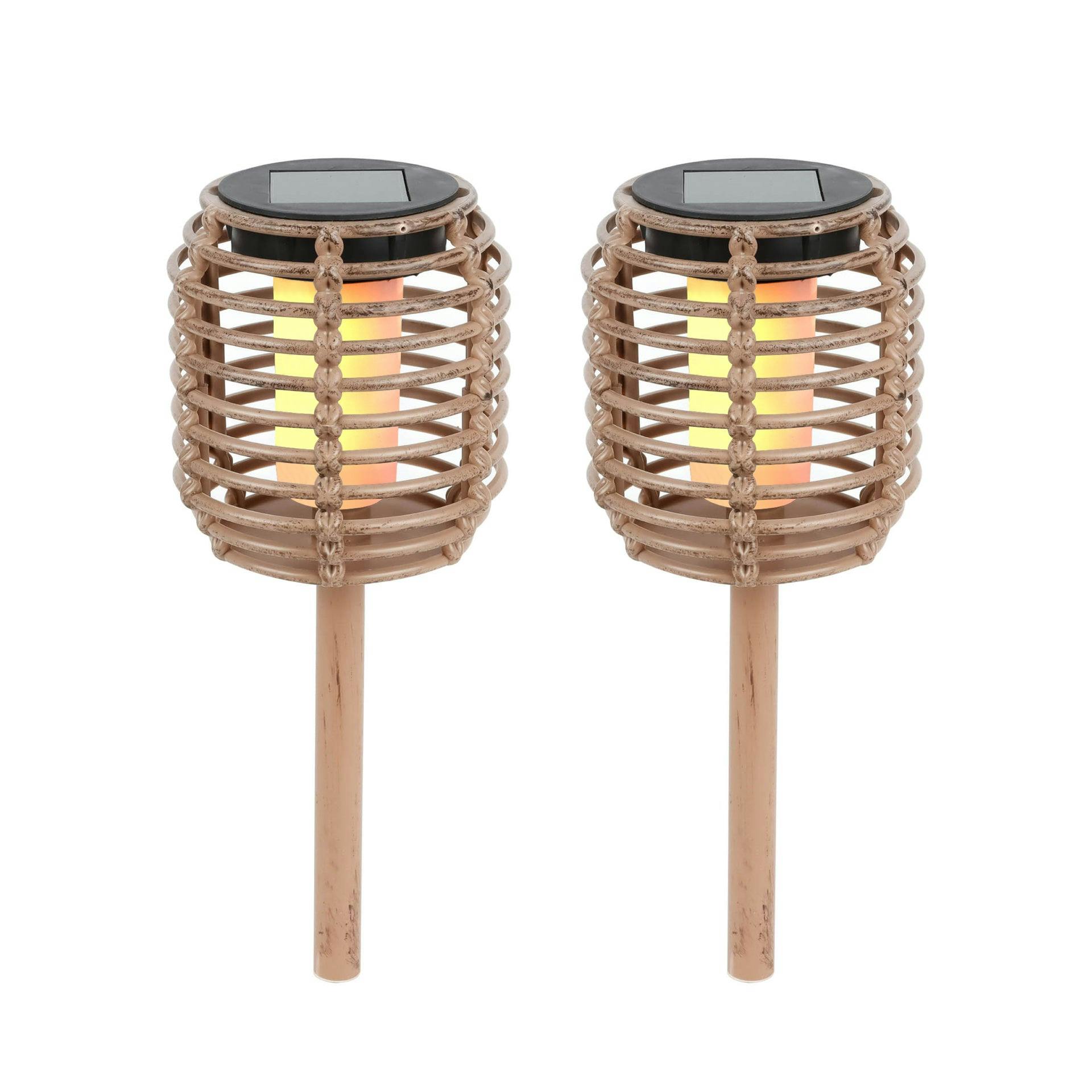 Gardenwize White Pack Of 2 Solar Rattan Effect Stake Lights – Warm Led Flame Effect
