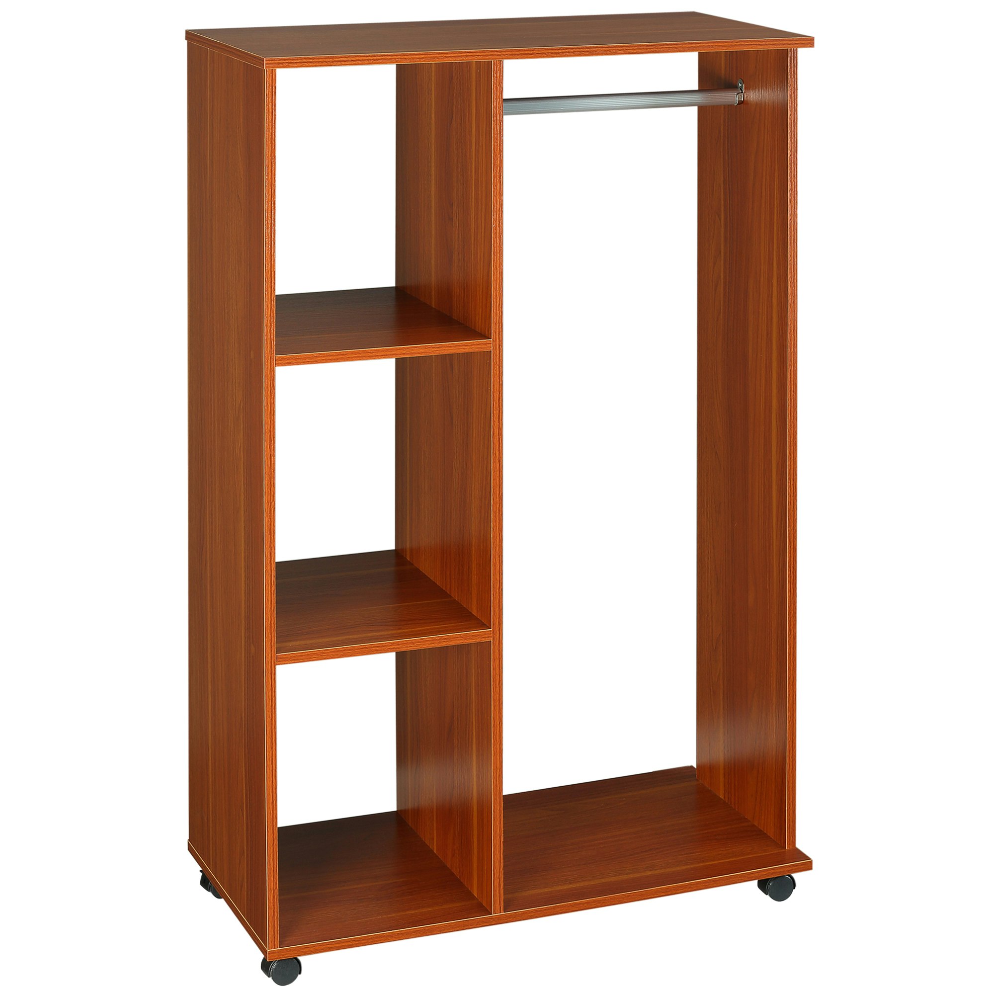 Homcom Rolling Open Wardrobe Hanging Rail Storage Shelves For Clothes, Walnut - Walnut Small