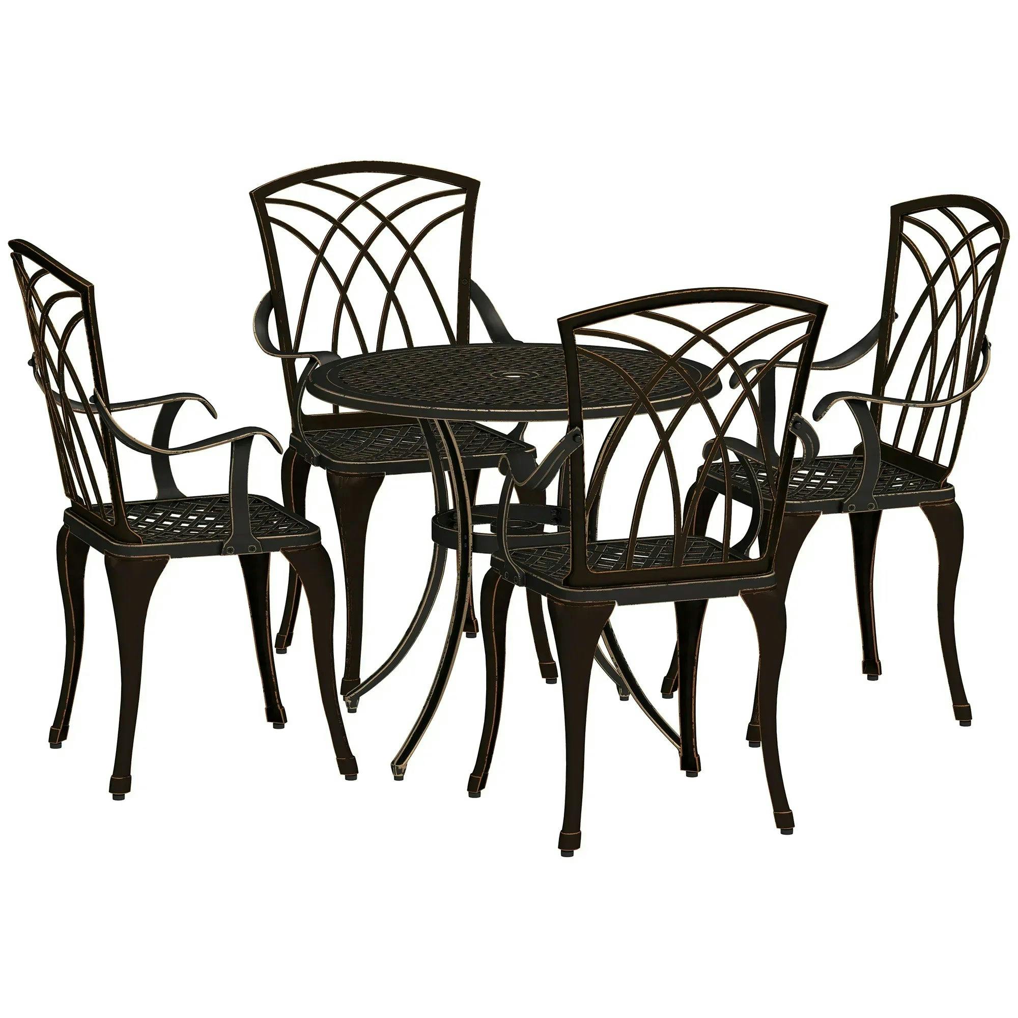 Bobobiy Bronze 5 Pieces Garden Dining Set For 4, Cast Aluminium Outdoor Dining Set With 4 Armchairs And Round Dining Table With Parasol Hole, Tone
