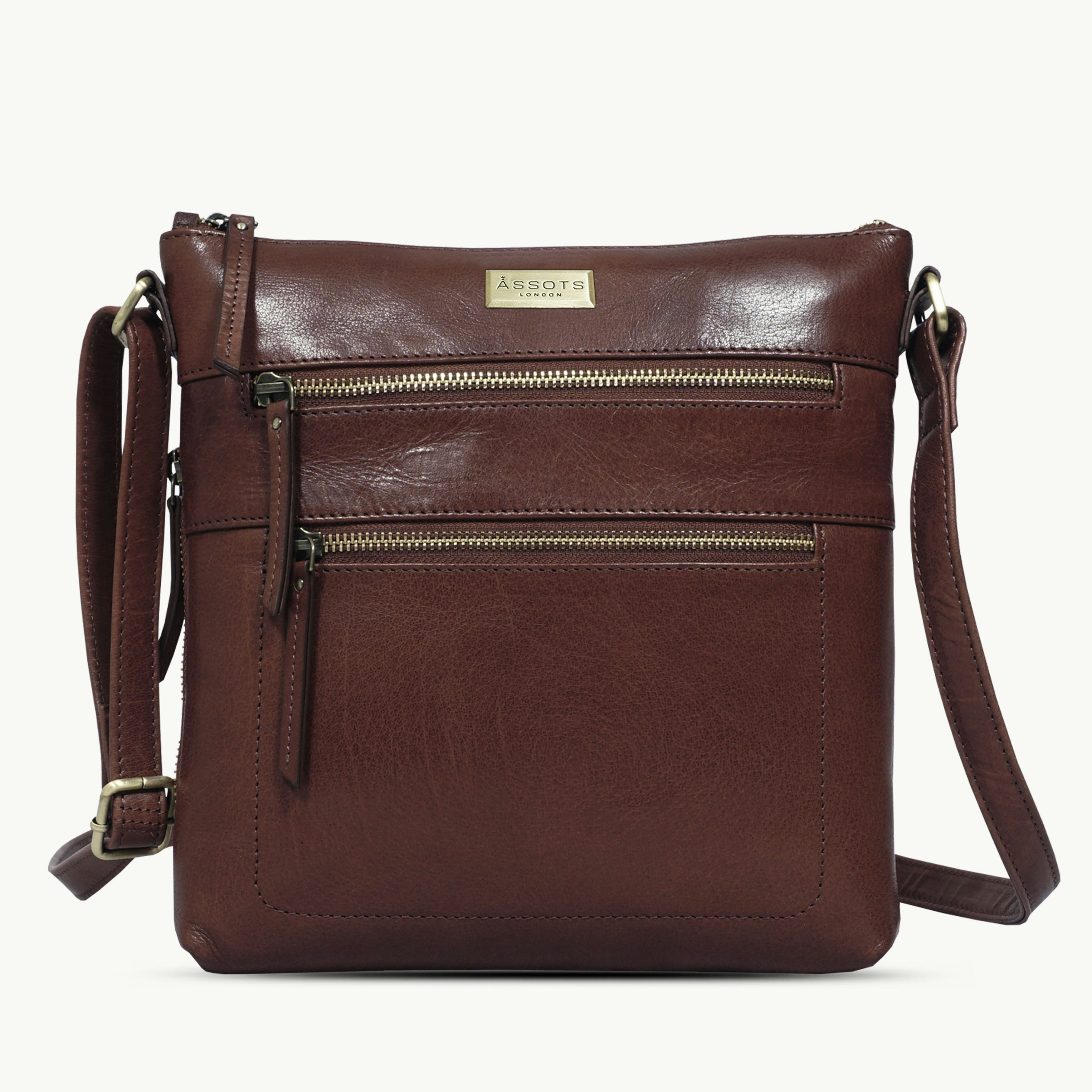 Assots London Brown 'Cori' Polished Vt Real Leather Crossbody Bag