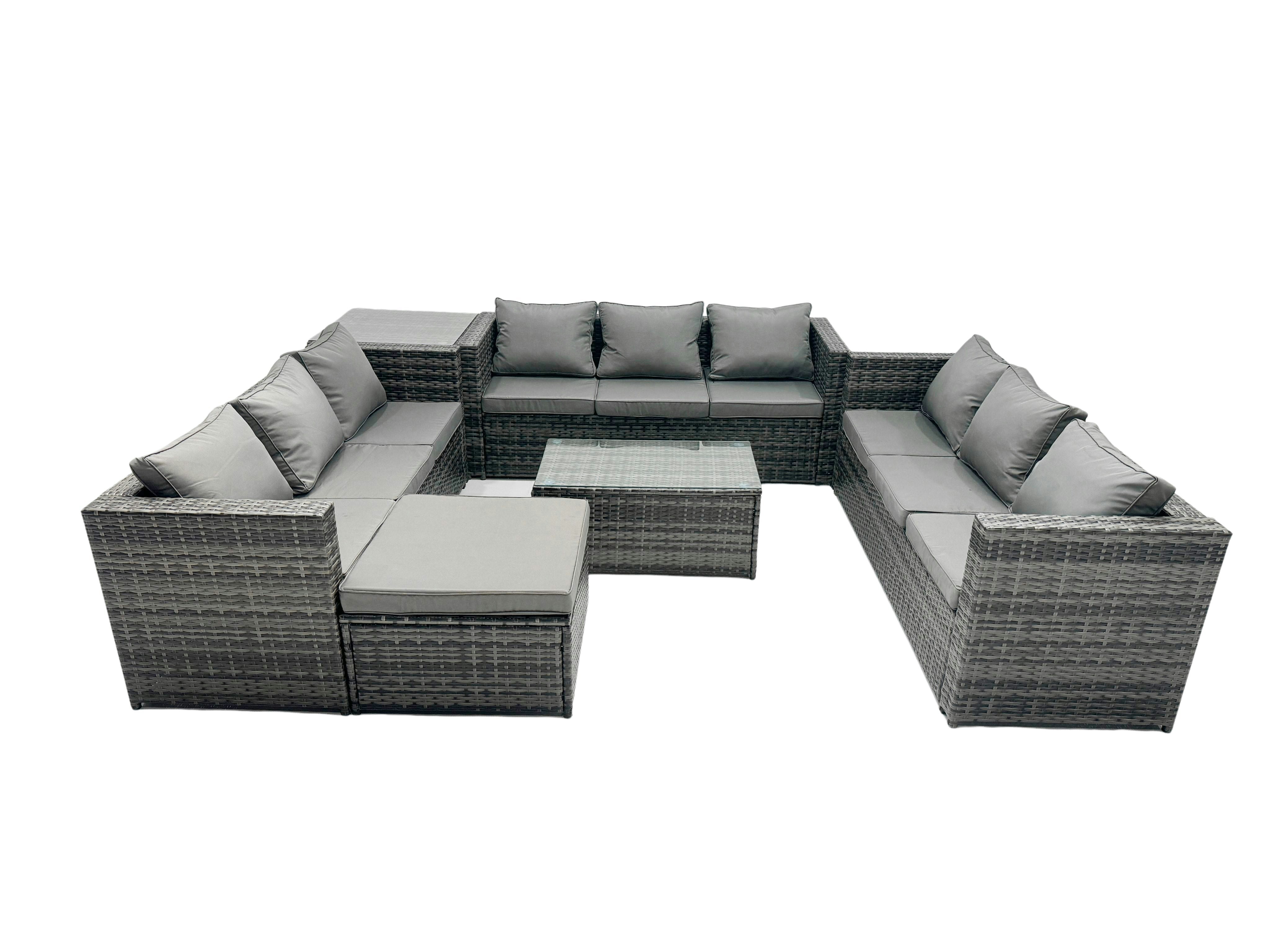 Rackhams Outdoor Rattan Garden Furniture Lounge Sofa Set With Oblong Coffee Table And Side Tall High Table With Big Footstool