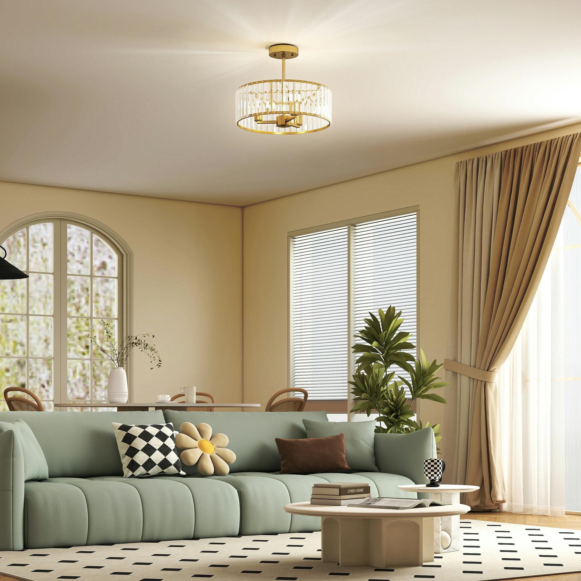 Homcom Light/Gold Semi Flush Mount Modern Crystal Chandelier Ceiling Tone - Image 3
