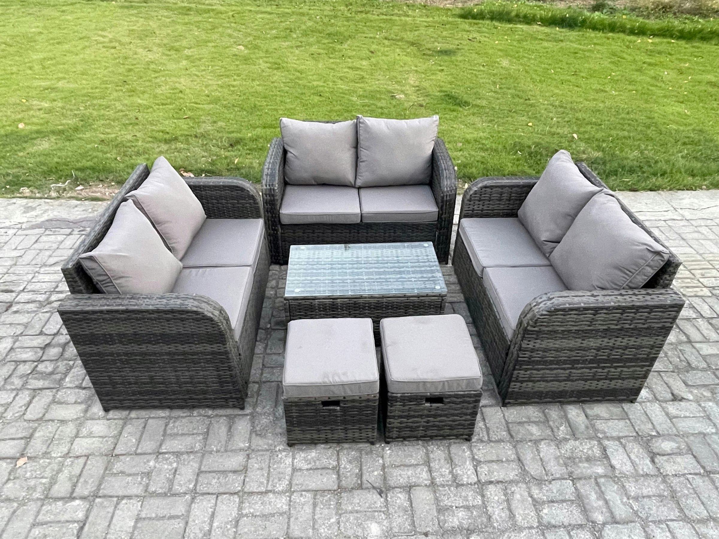 Rackhams Dark/Grey 8 Seater Mixed Rattan Outdoor Sofa Set - Rectangular Coffee Table, Loveseat & 2 Small Footstools
