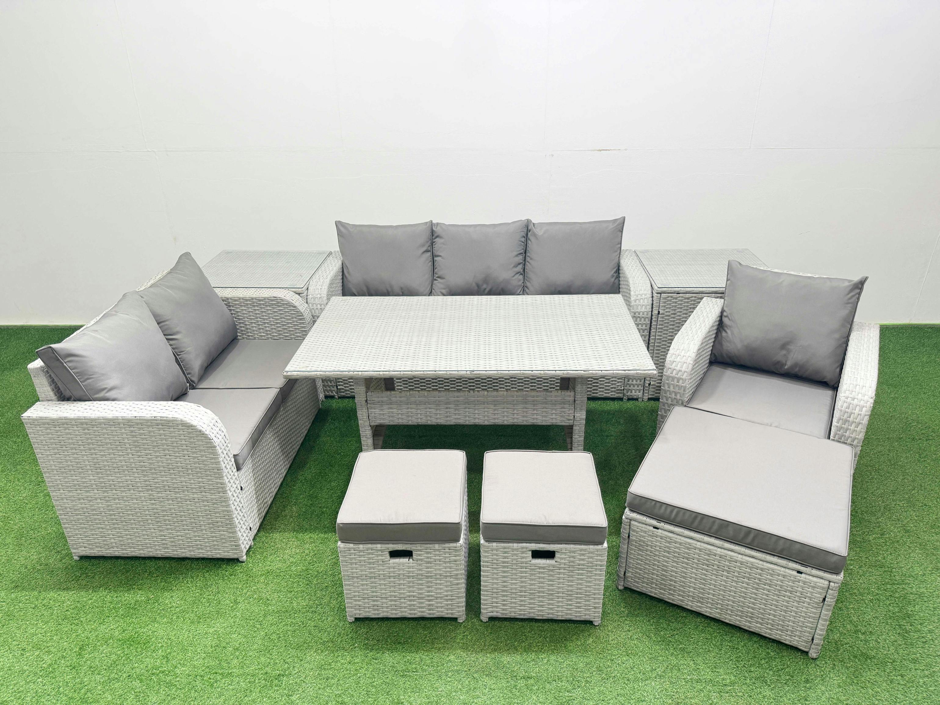 Rackhams Light/Grey 9 Seater Pe Wicker Rattan Garden Furniture Patio Set, Dining Table, Reclining Chair, Loveseat, 3 Seater Sofa, Stool, 2 Side Table,