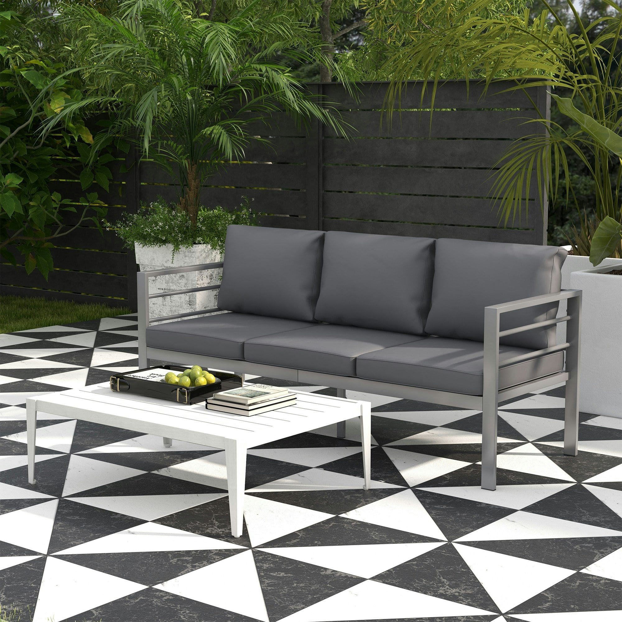 Rackhams Grey 3-Seater Aluminium Garden Bench With Cushions, Backrest & Armrest
