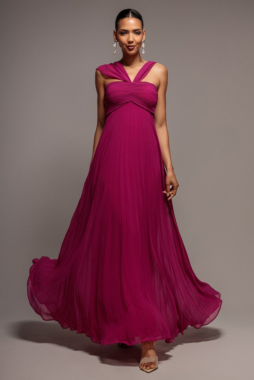 Goddiva Magenta Sleeveless Pleated Chiffon Multiway Scarf Maxi Dress - By - 16