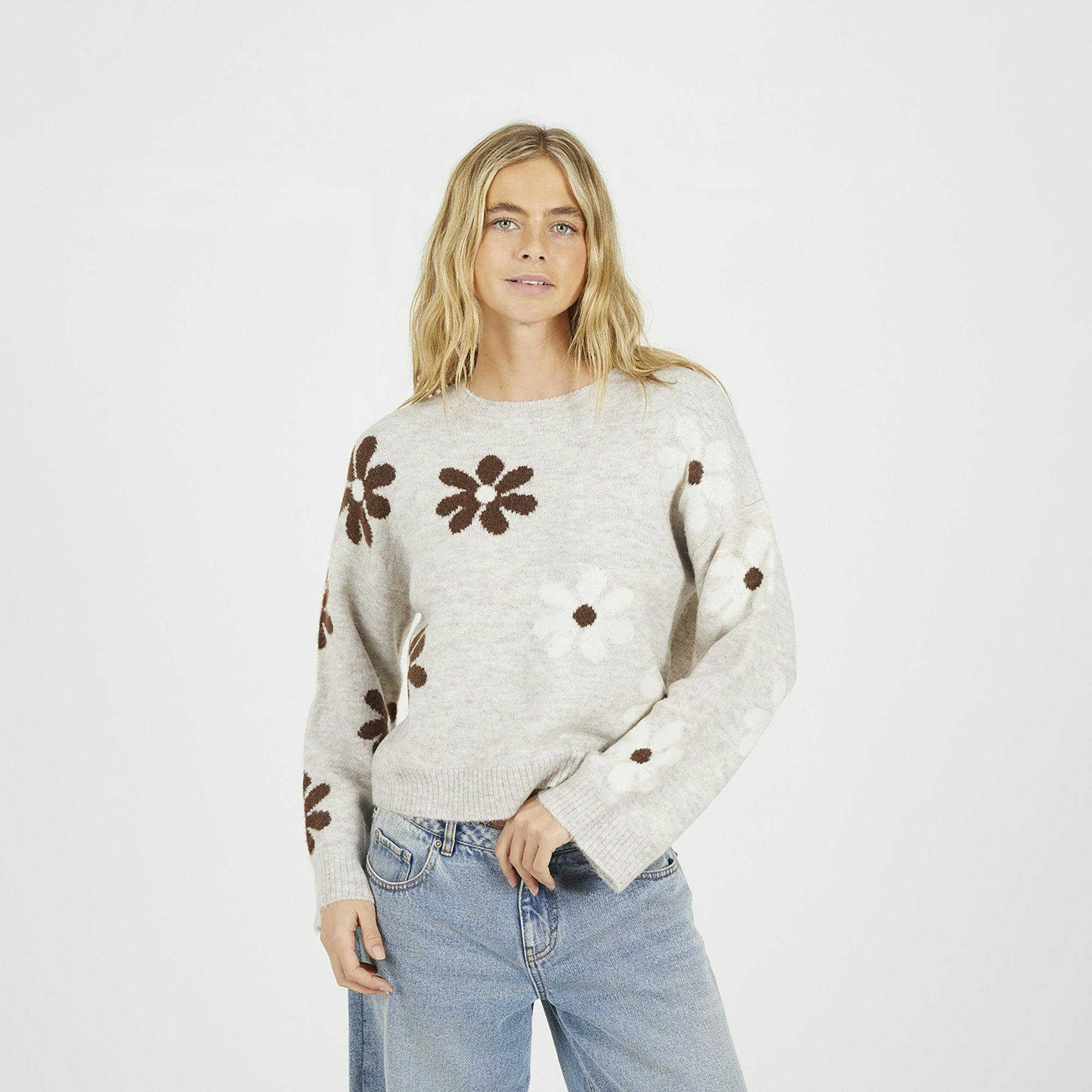 Brave Soul Floral Jacquard Knit Jumper - Taupe - Taupe - Xs