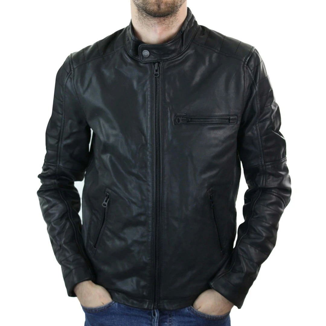 Aviatrix Men's Black Racing Zipped Biker Jacket Leather - Small