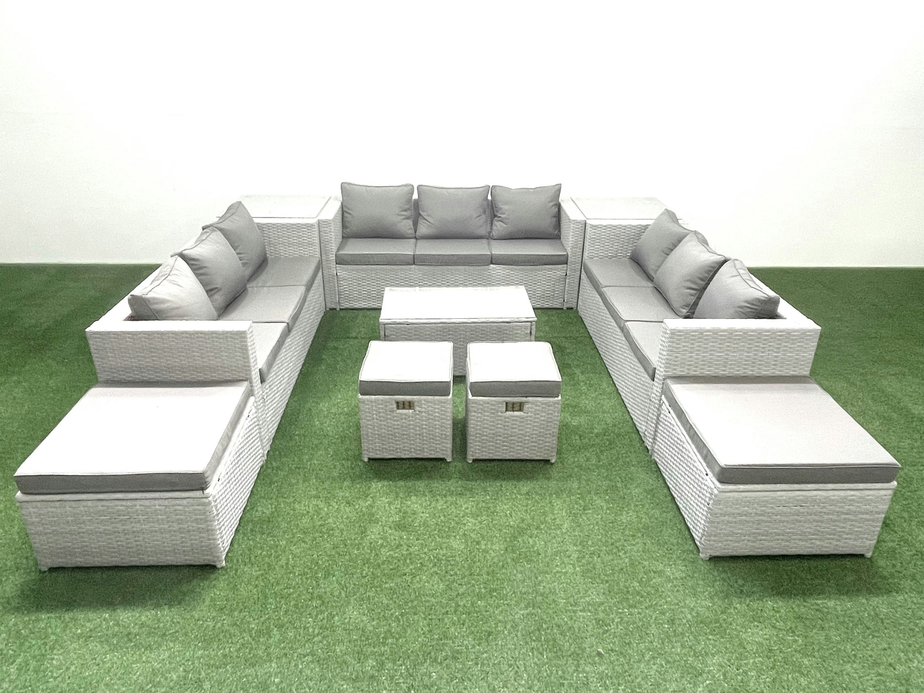 Rackhams Light/Grey 10 Pieces Rattan Garden Furniture Set Outdoor Garden Sofa Coffee Table Set With 2 Side Tables 4 Footstools Mixed