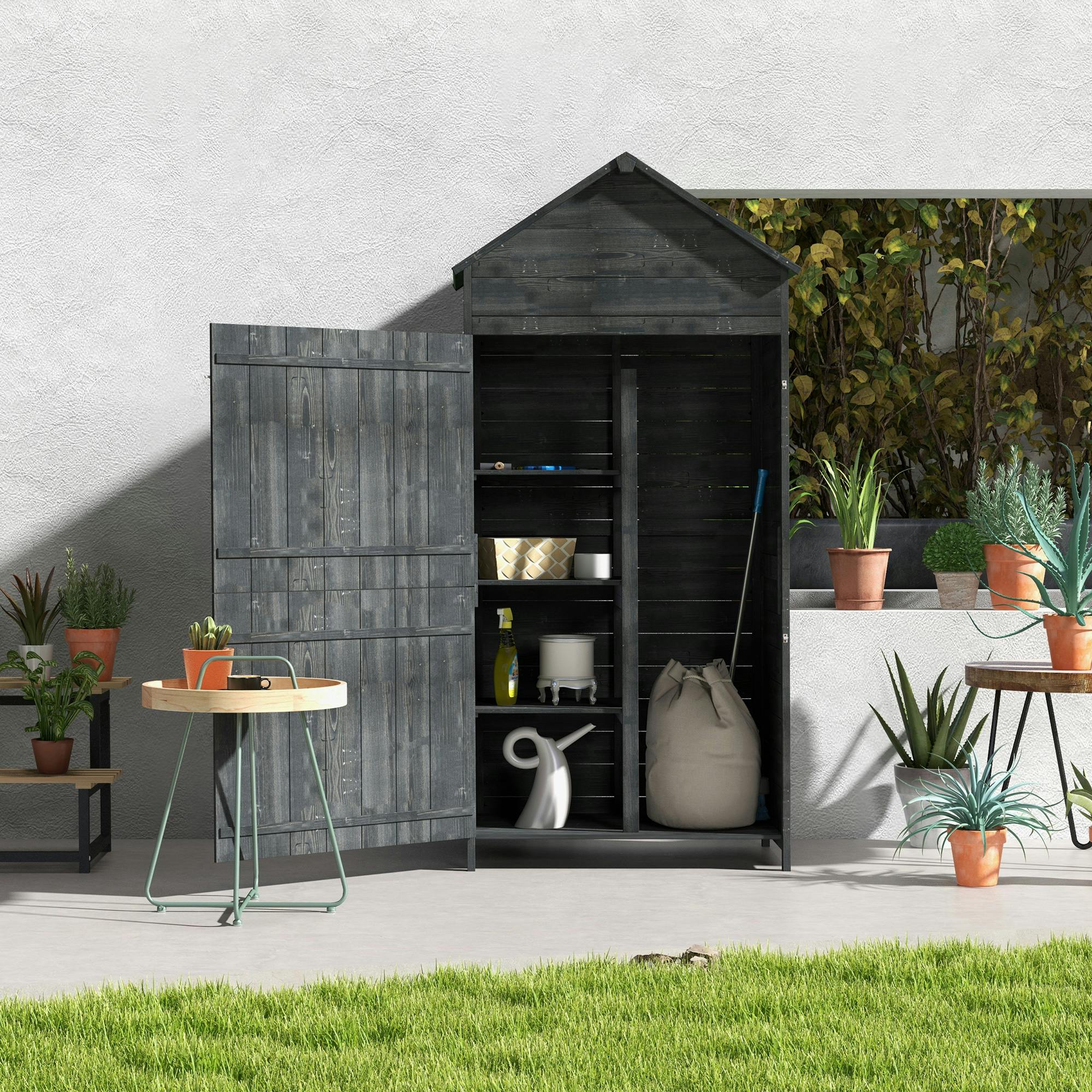Rackhams Grey Wooden Garden Shed Outdoor Shelves Utility Tool Storage Cabinet