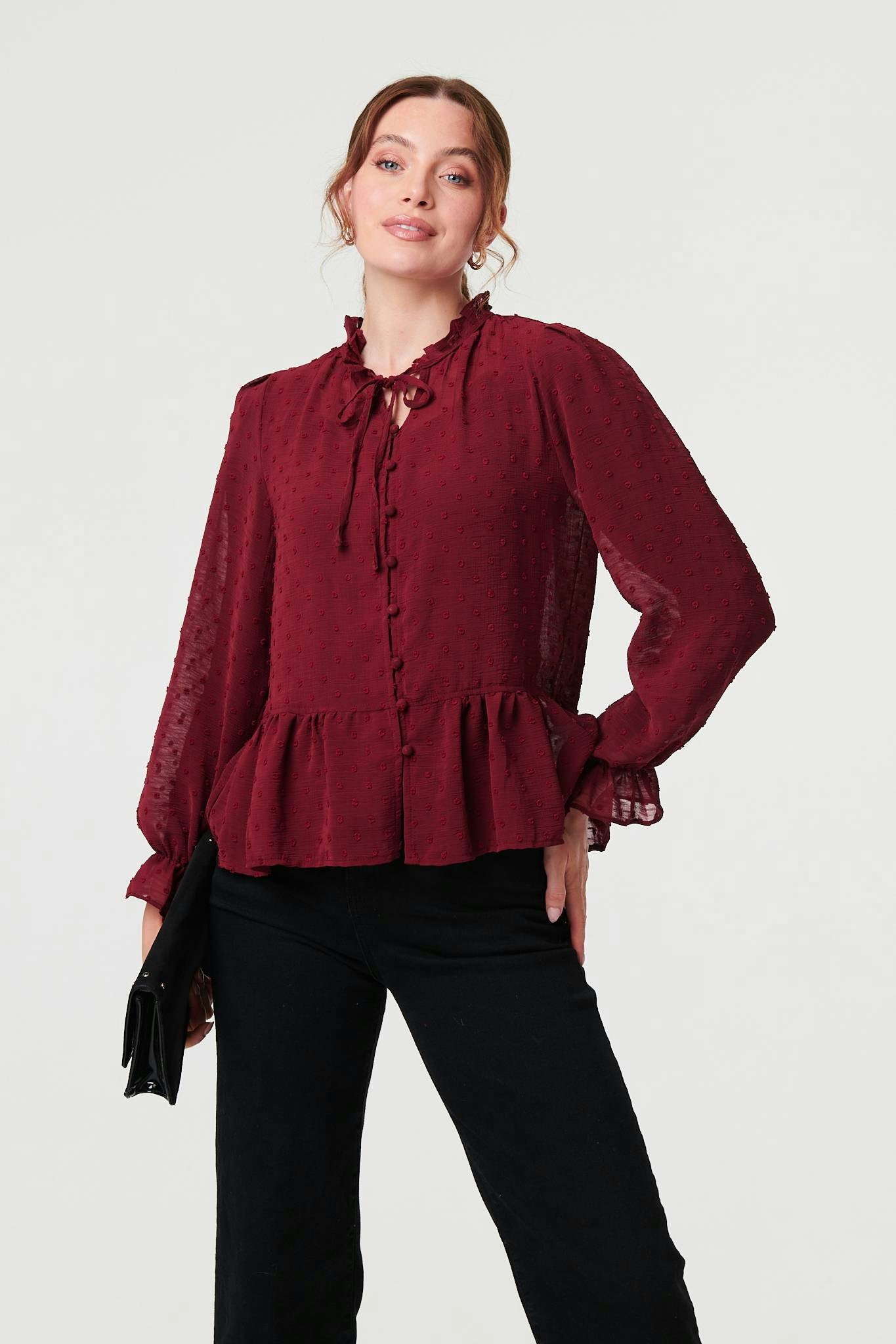 Izabel London Burgundy Textured Semi Sheer Frilled Blouse - 12