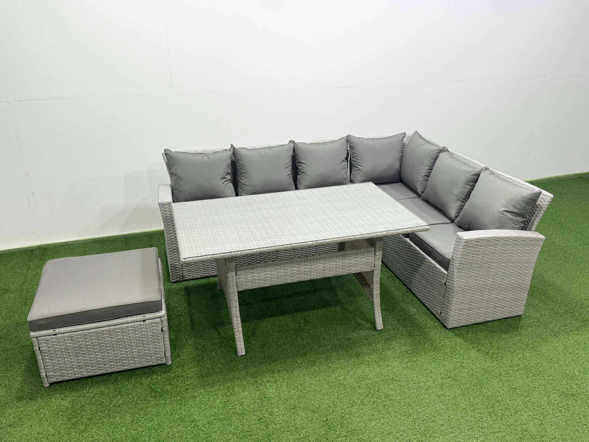 Rackhams Light/Grey Rattan Garden Furniture Set Outdoor 7 Seater Patio Dining Corner Sofa Sets With Dining Table Big Footstool Mixed