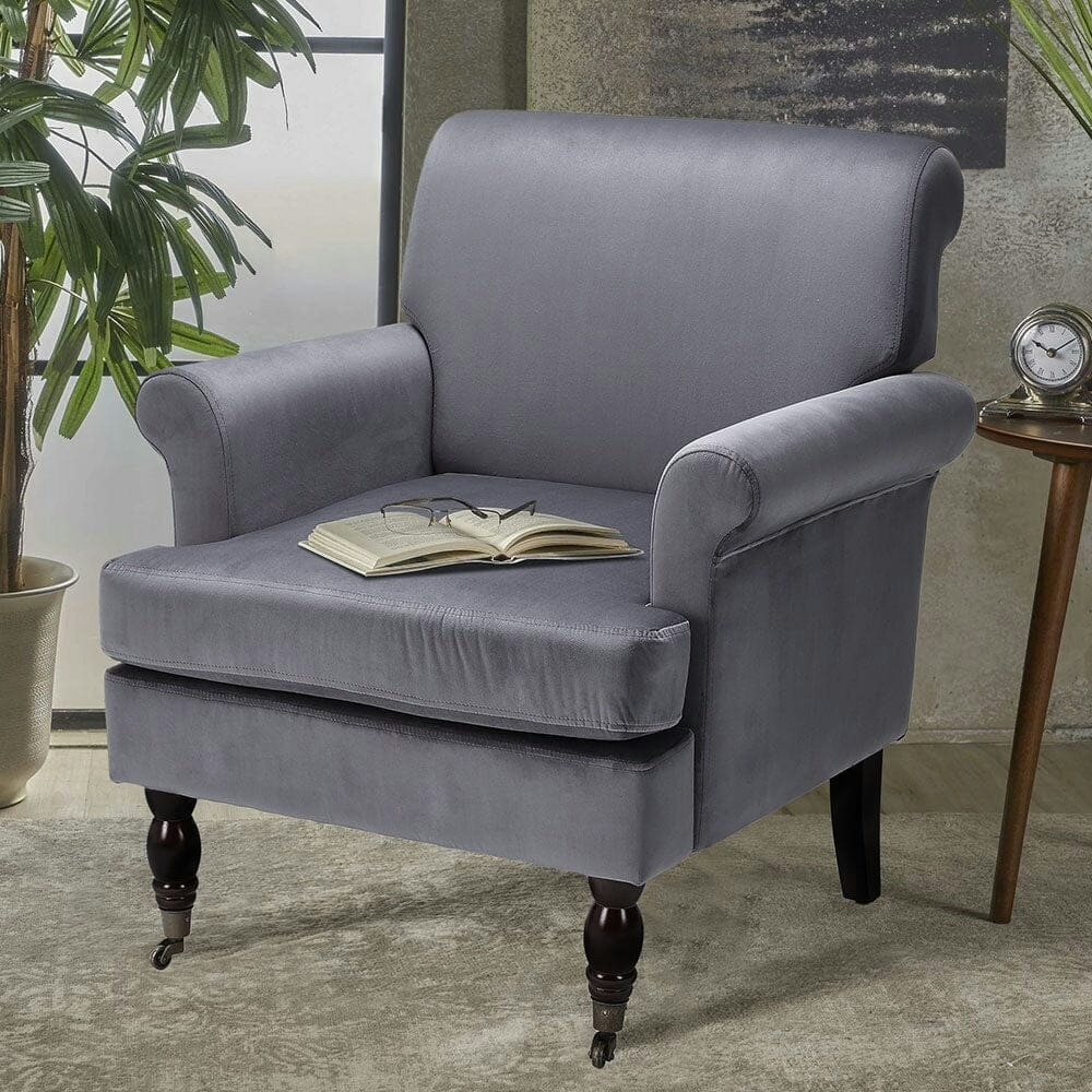 Rackhams Grey Contemporary Velvet Upholstered Armchair With Casters