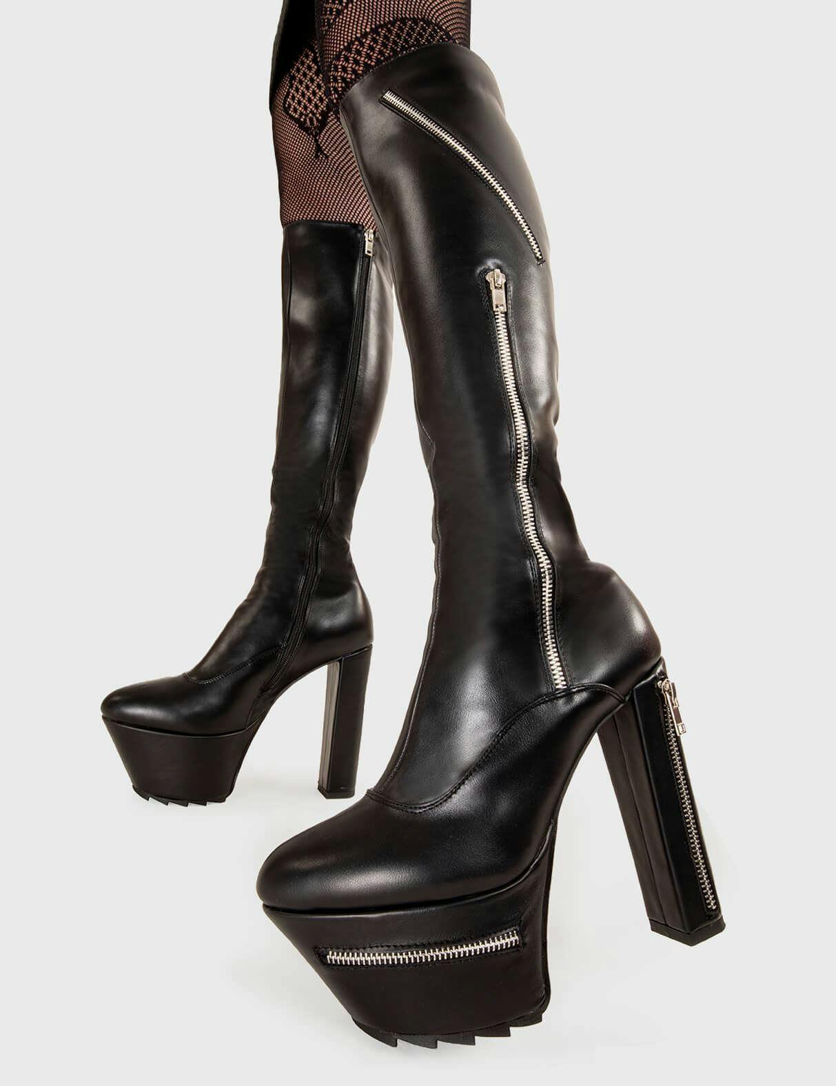Lamoda Women's Black Under Control Pu Platform Knee High Boots Trendy Stylish Uk4 - Uk4