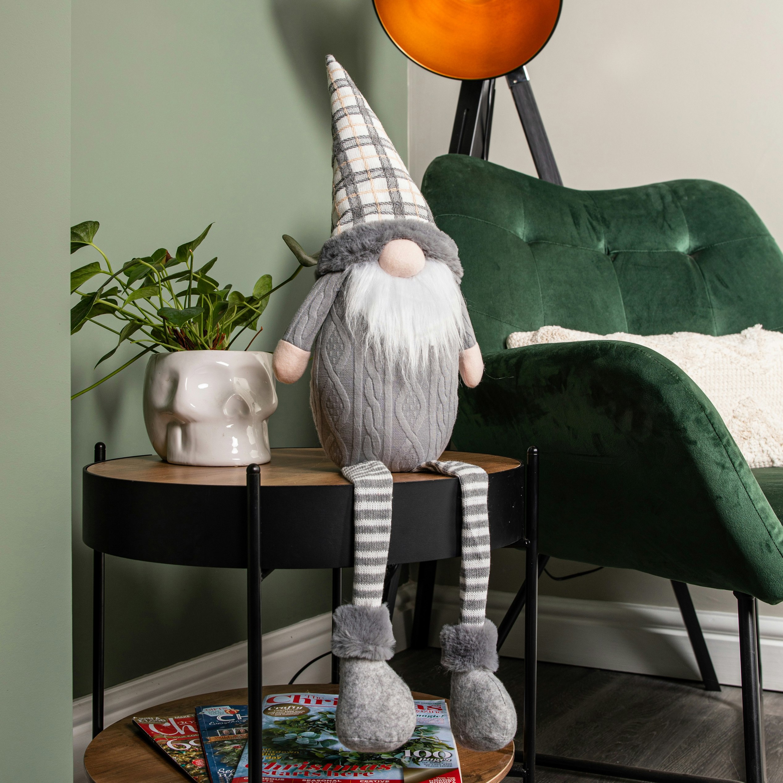 Rackhams Grey 73Cm Sitting Christmas Gonk Decoration With Tartan Hat And Dangly Legs
