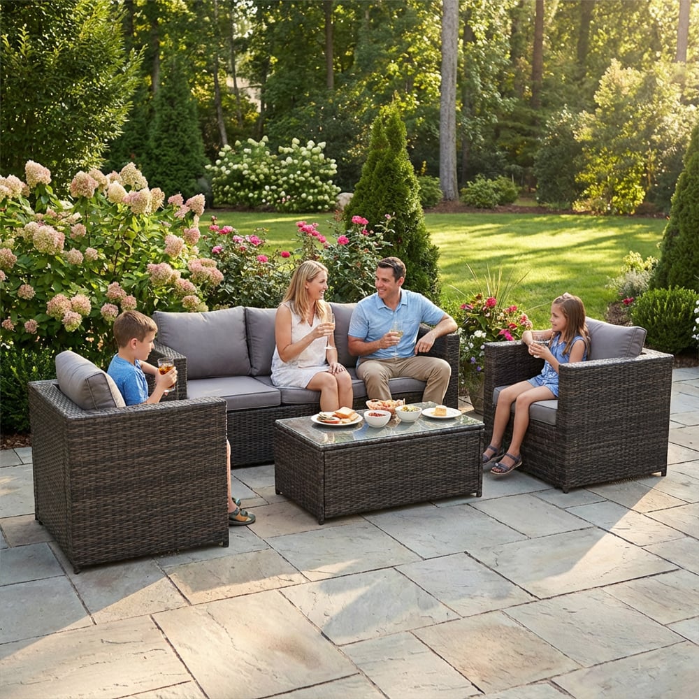 Rackhams Dark/Grey 5 Seater Rattan Outdoor Garden Sofa Set With 2 Chairs And Rectangular Coffee Table