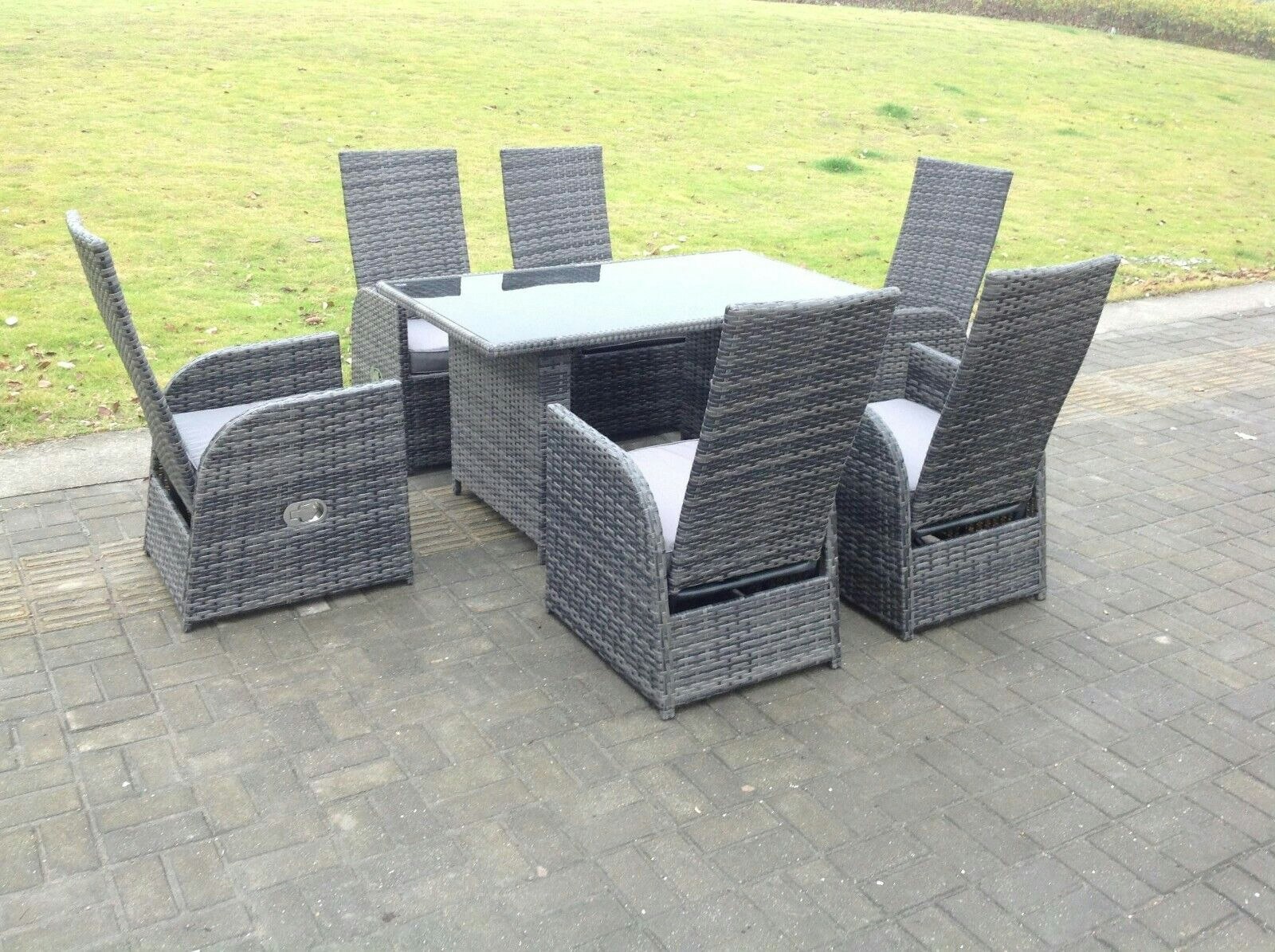 Rackhams Dark/Grey/Black Mixed Outdoor Wicker Rattan Garden Furniture Reclining Chair And Table Dining Sets 6 Seater Rectangular Tempered Table