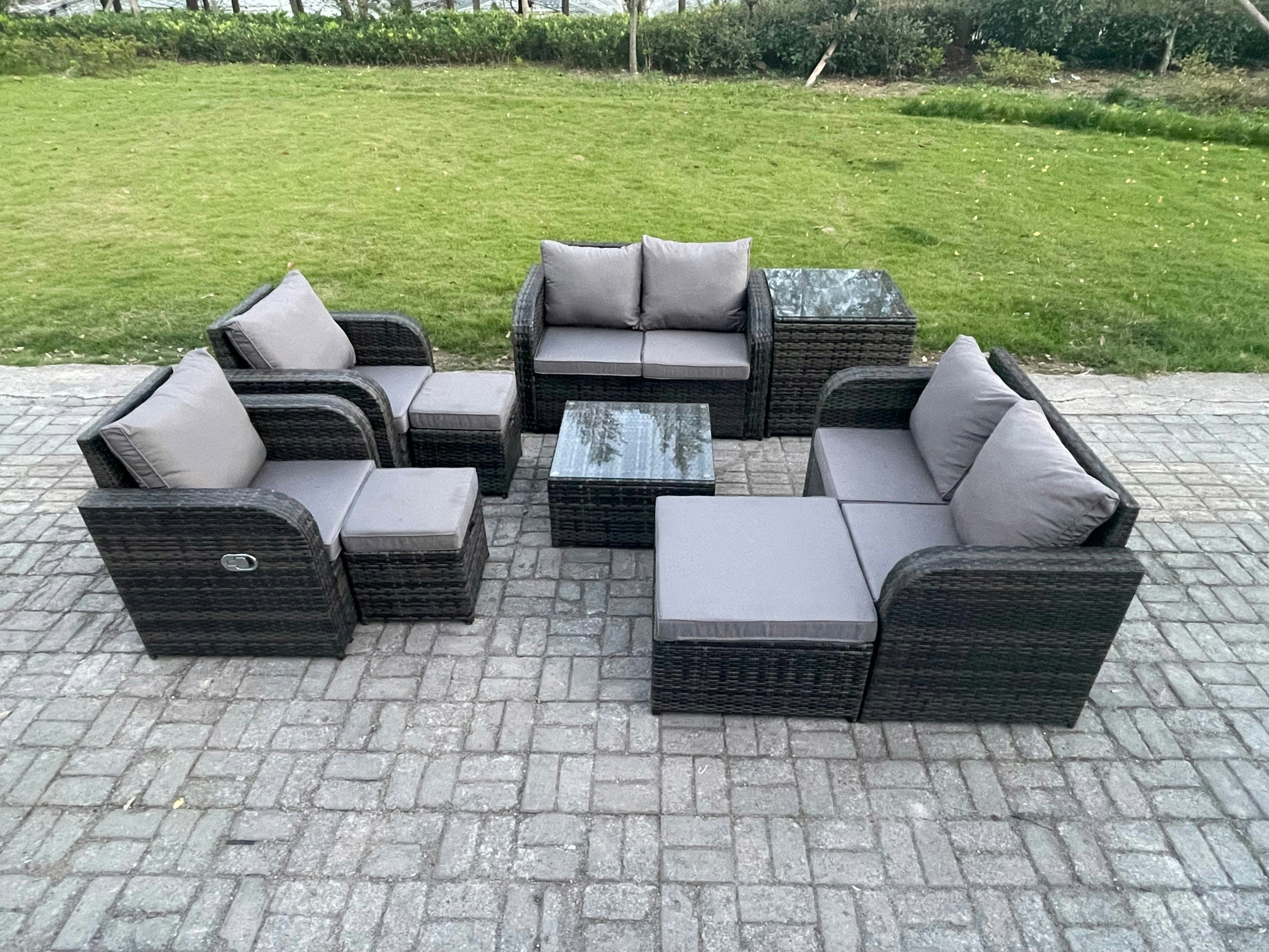 Rackhams Dark/Grey Garden Furniture Set Rattan Outdoor Lounge Sofa Chair With Tempered Glass Table 3 Footstools Side Table Mixed