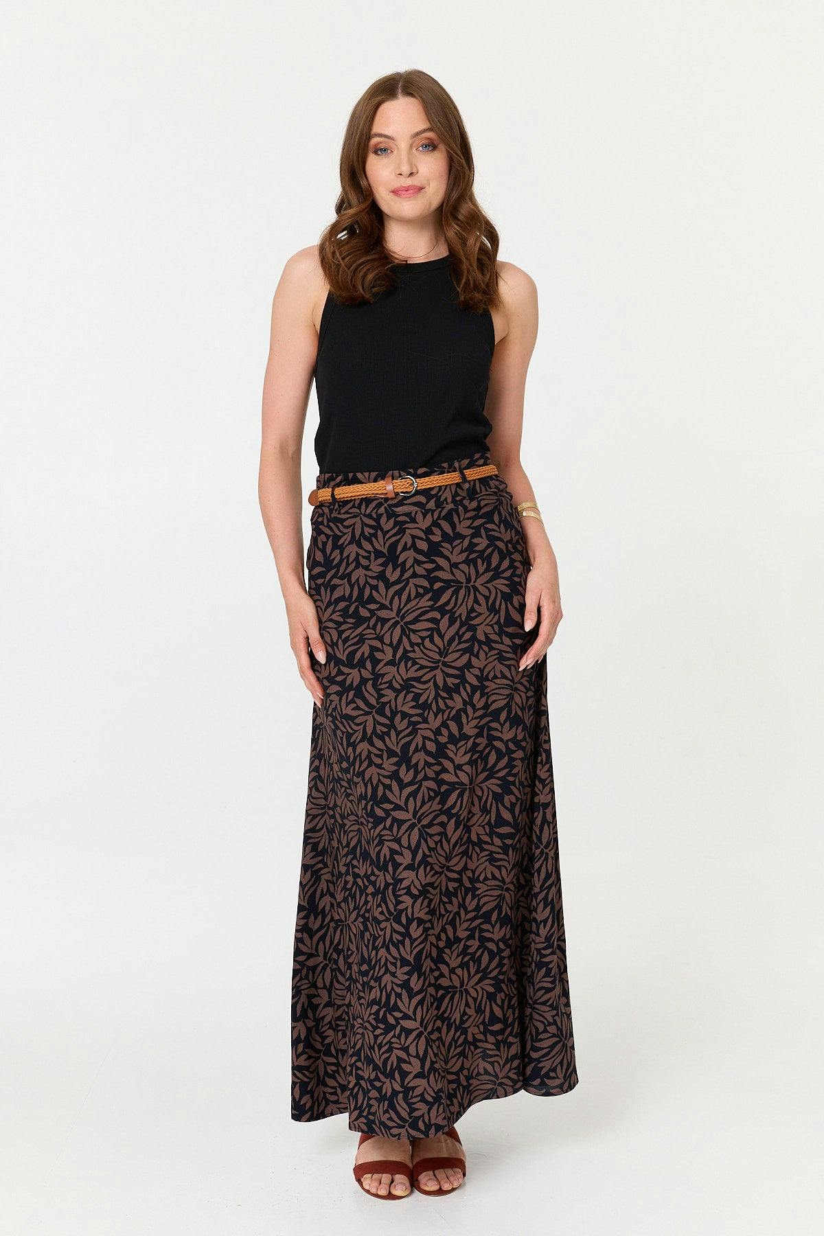 Izabel London Leaf Print Belt High Waist Maxi Skirt - 8 - Navy