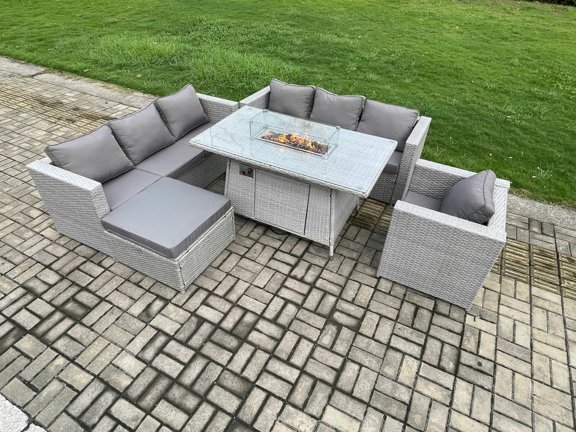 Rackhams Light/Grey 8 Seater Outdoor Garden Dining Sets Rattan Furniture Gas Fire Pit Dining Table Gas Heater With Armchair Big Footstool