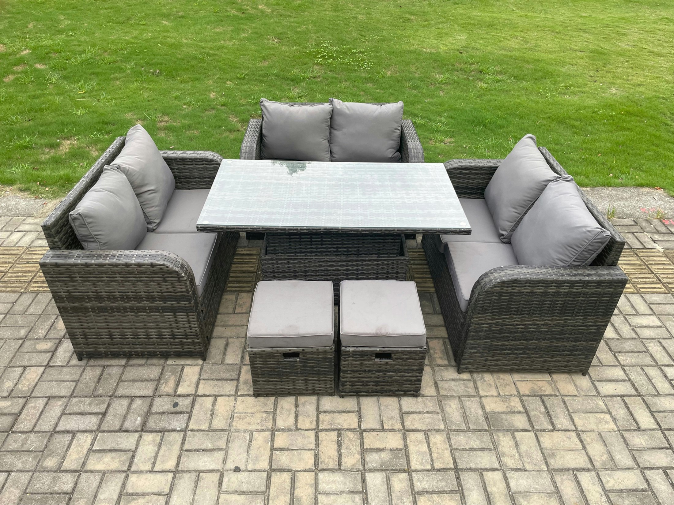 Fimous Dark/Grey Rattan Garden Outdoor Furniture 3 Pc Love Sofa Set Patio Adjustable Rising Lifting Dining Table With 2 Small Footstools