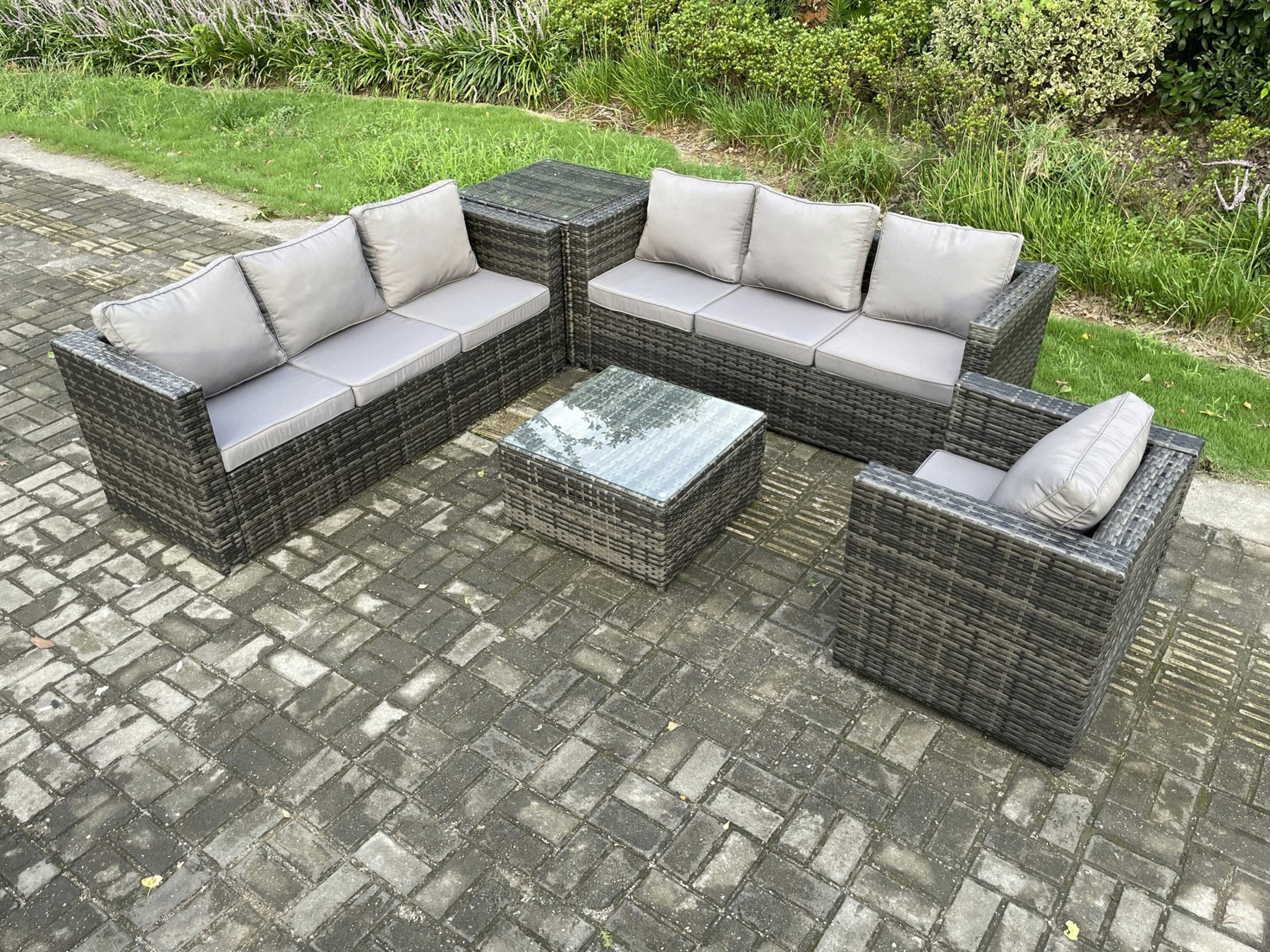 Fimous Dark/Grey Rattan Garden Furniture Sofa Set With Armchair Square Coffee Table Side Table Indoor Outdoor 7 Seater Rattan Set Mixed