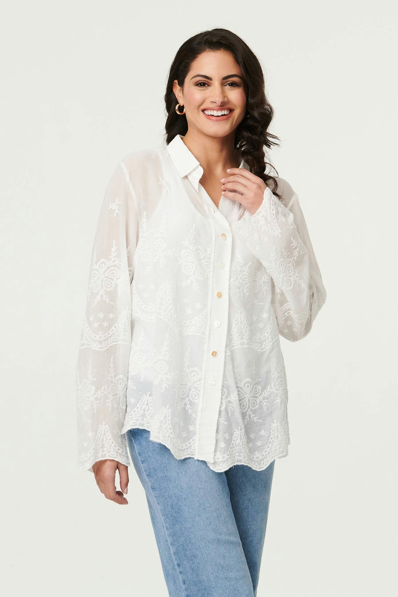 Izabel London White Embroidered Long Sleeve Semi Sheer Shirt - S