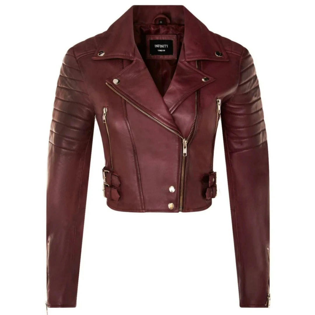 Infinity Leather Women's Burgundy Real Leather Short Cropped Length Biker Jacket - Uk 20