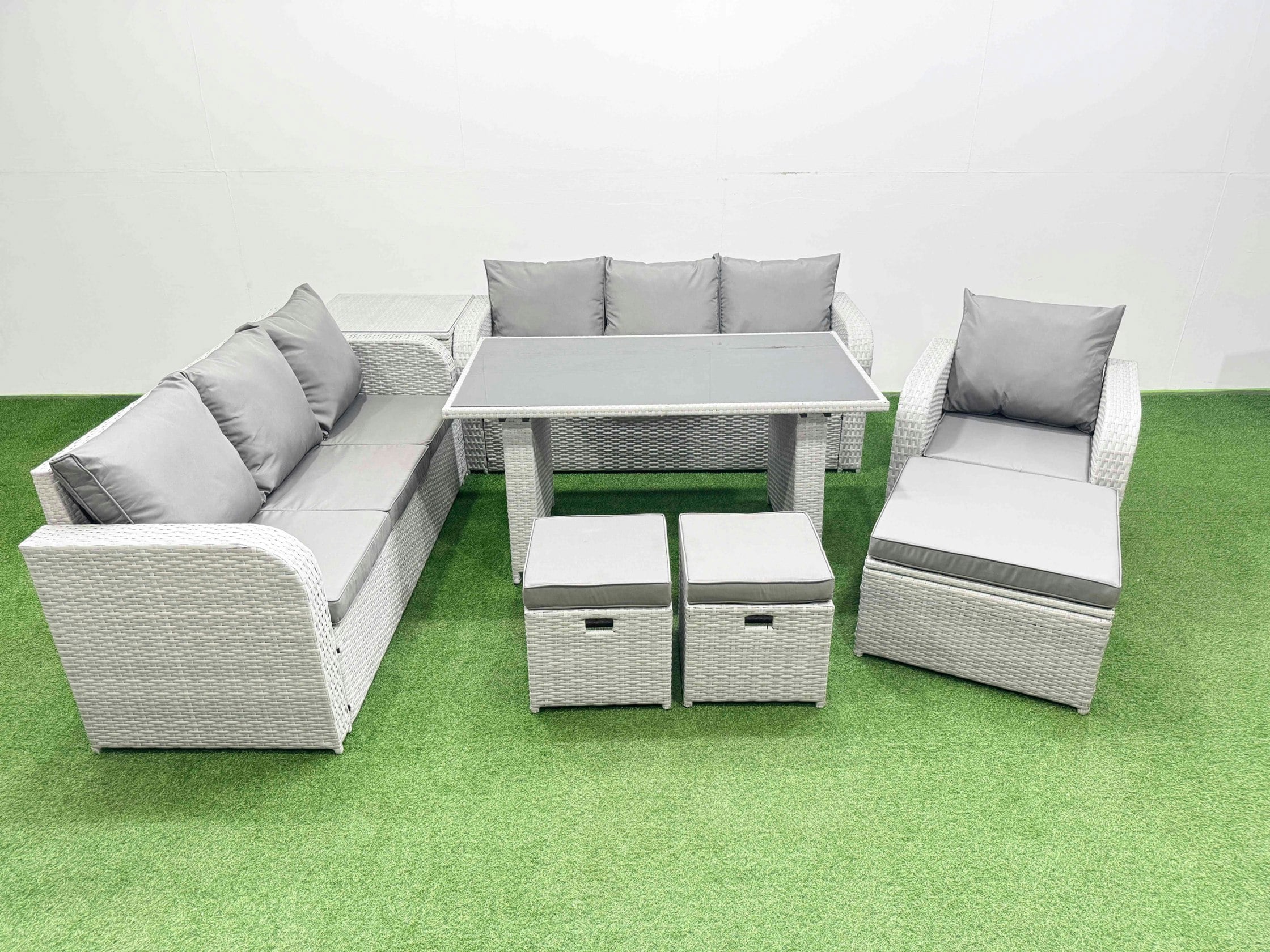 Rackhams Light/Grey Rattan Garden Furniture Dining Set 10 Seater Patio Rectangular Table Sofa Set With Side Table 3 Stools