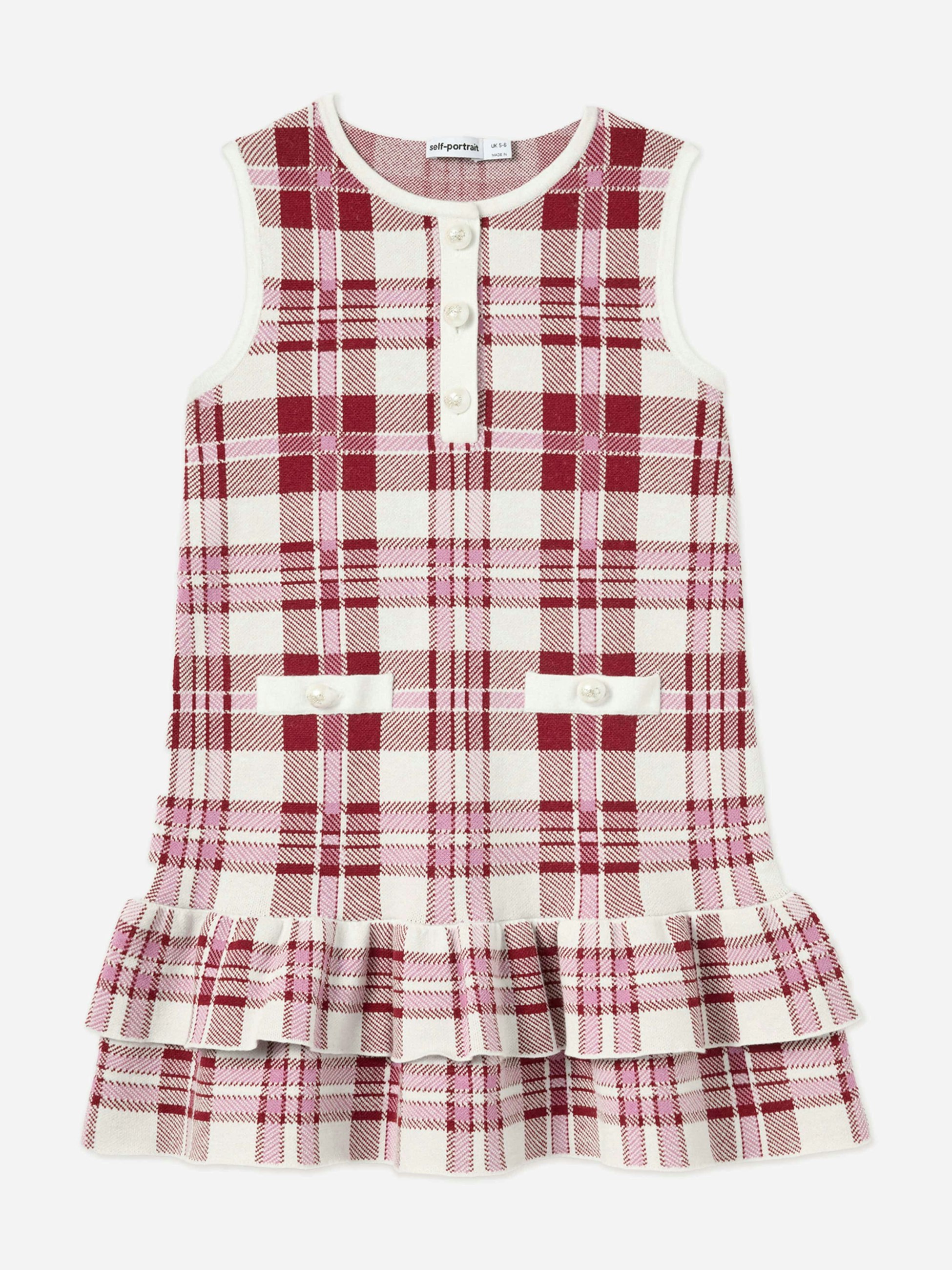 Self Portrait Girls Red Check Knit Dress In - 4 - 5 Yrs