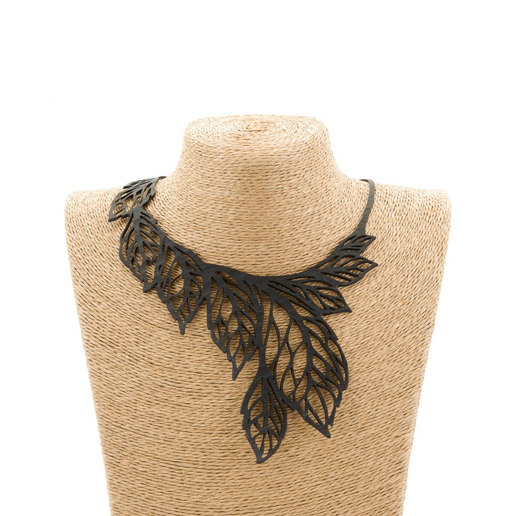 Paguro Black Spring Leaf Recycled Rubber Necklace