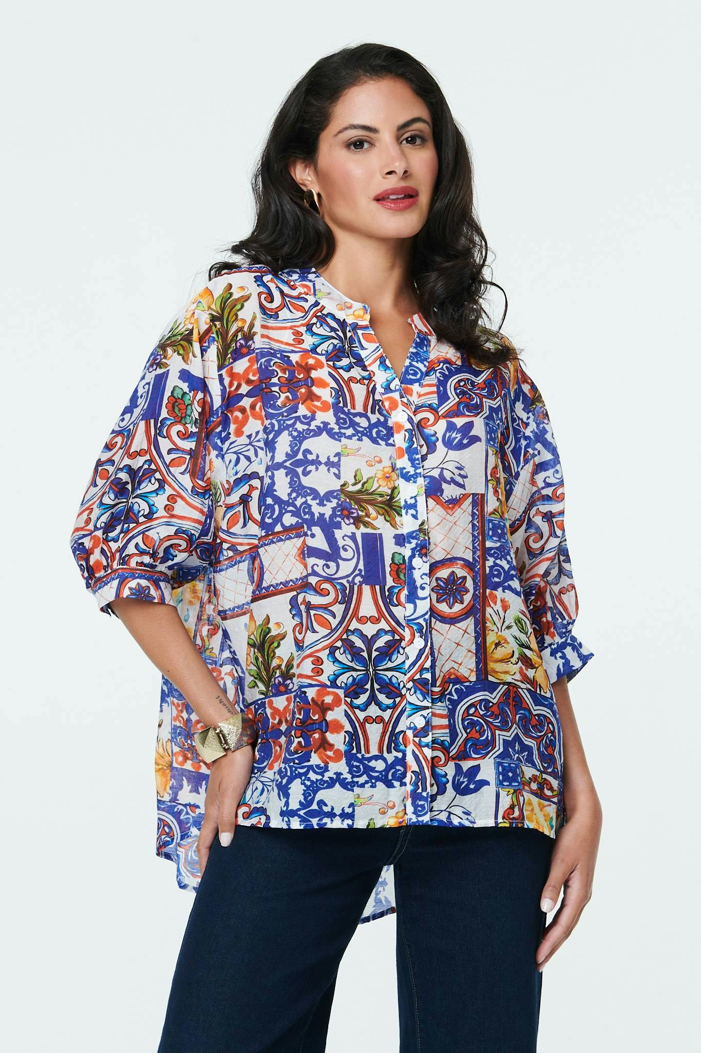 Izabel London White Abstract Relaxed 3/4 Sleeve Blouse - 18
