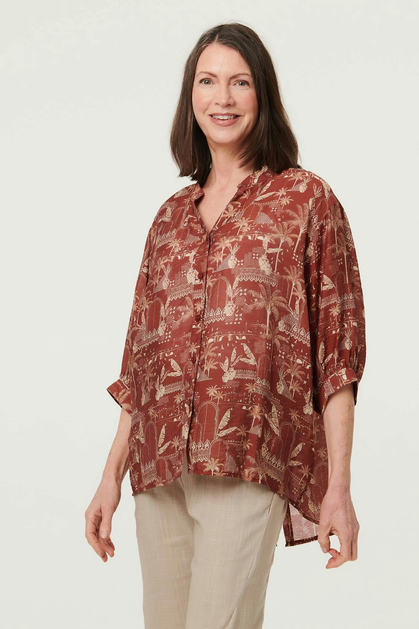 Izabel London Light Printed 3/4 Sleeve Semi Sheer Blouse - 16 - Rust