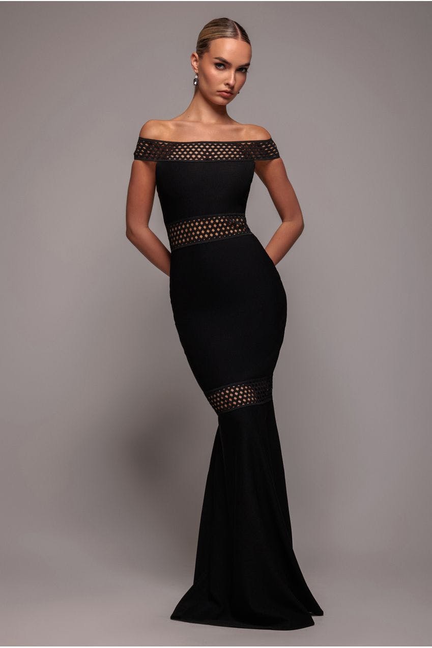 Goddiva Black Off The Shoulder Ribbed Bodycon Maxi Dress - By - 12