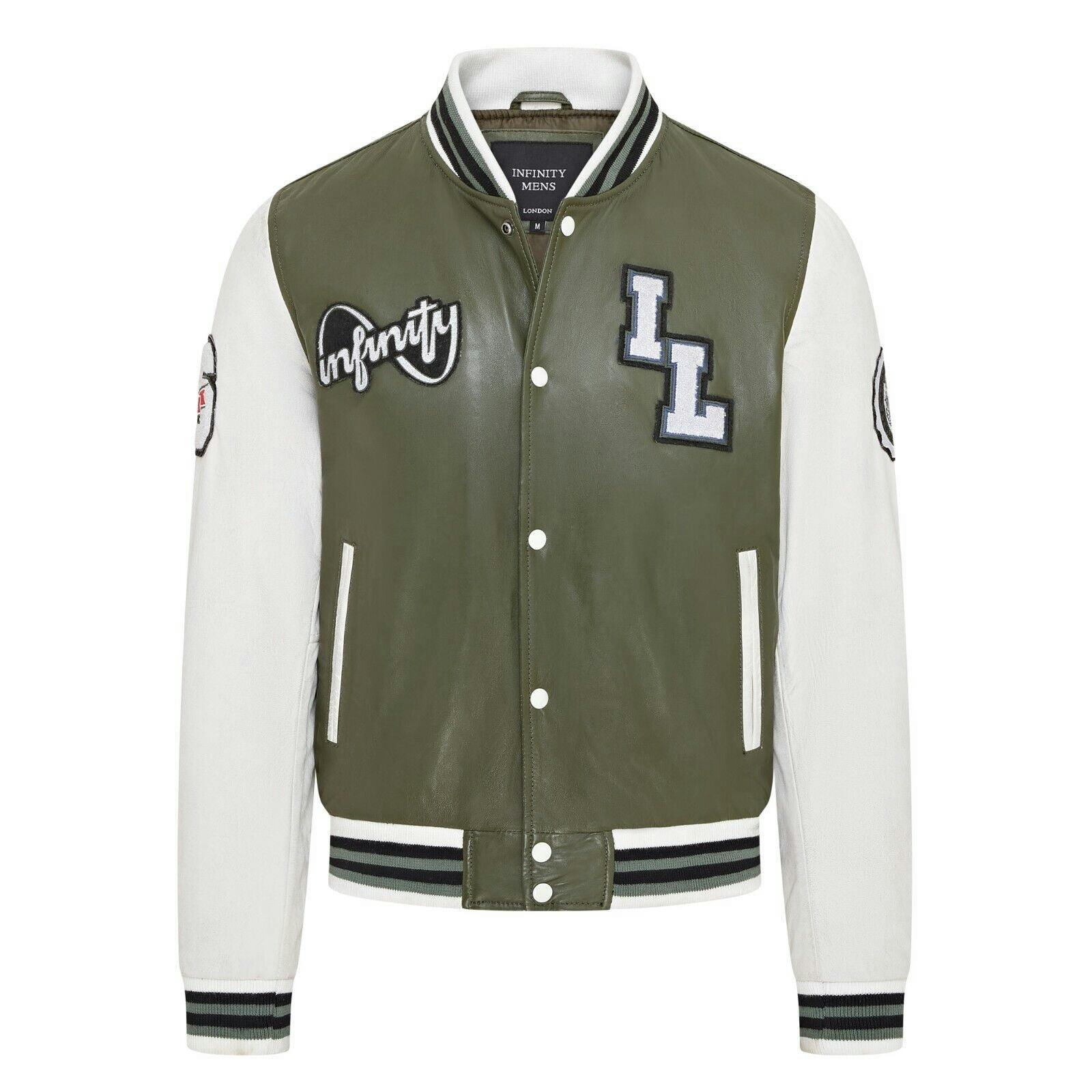 Infinity Leather Men's Green Baseball Leather Letterman Bomber Jacket - Ashwood - Uk 5XL | Eu 60 | Us 50