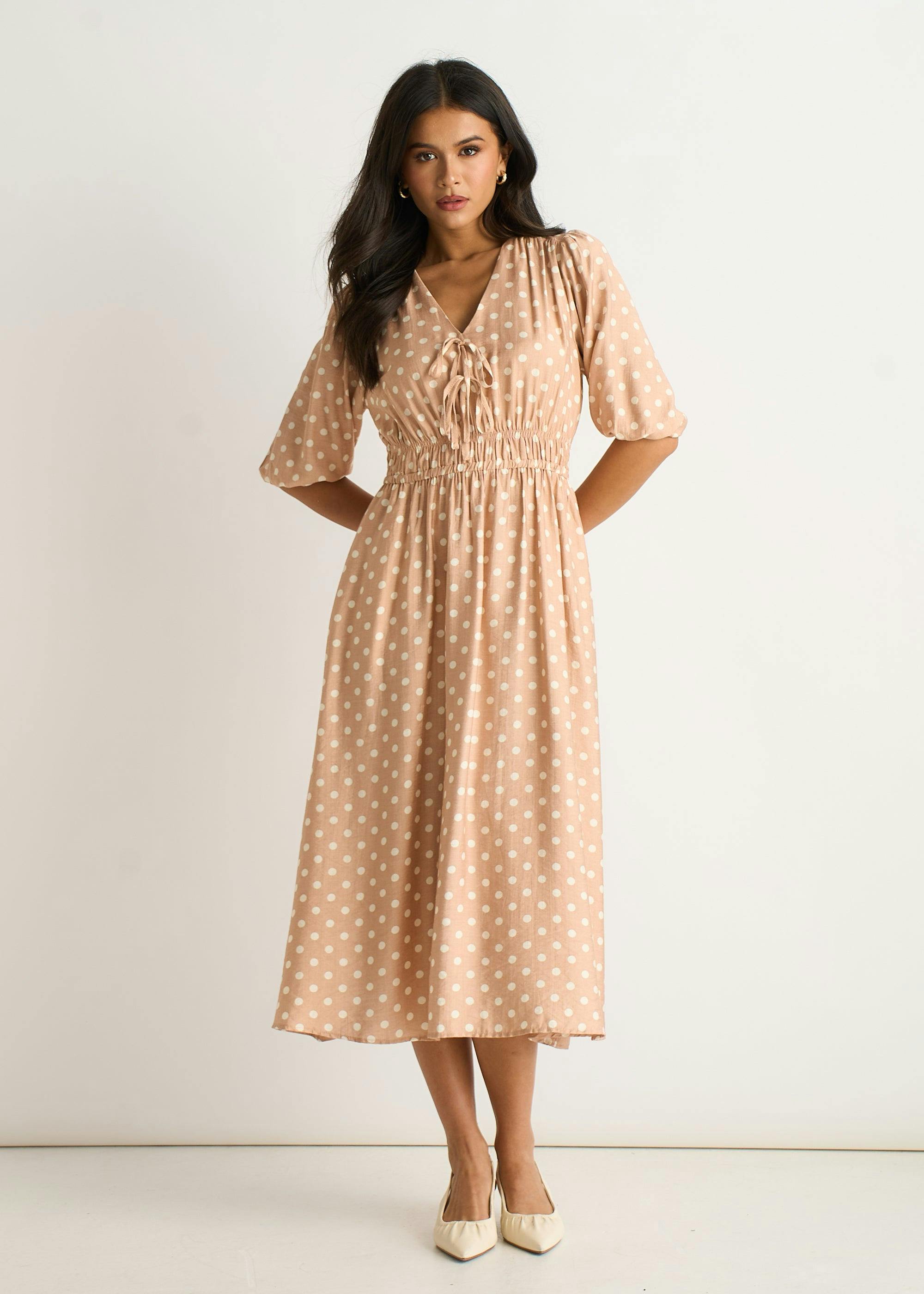 Gini London Oatmeal Spot Print Shirred Waist Shift Midi Dress - Uk 16 / Us 12 / Eu 44