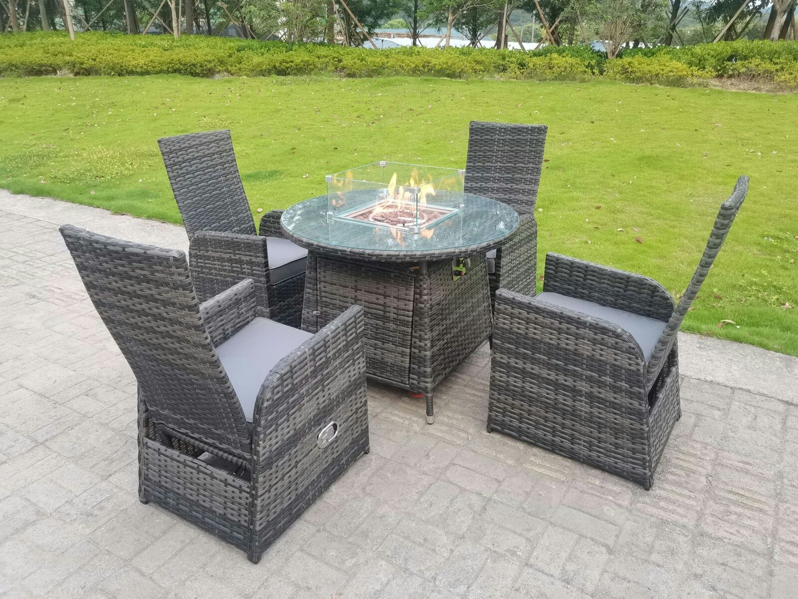 Rackhams Rattan Outdoor Garden Furniture Gas Fire Pit Dining Table Gas Heater Burner Reclining Table And Chair Sets 4 Seater Plus Round Table