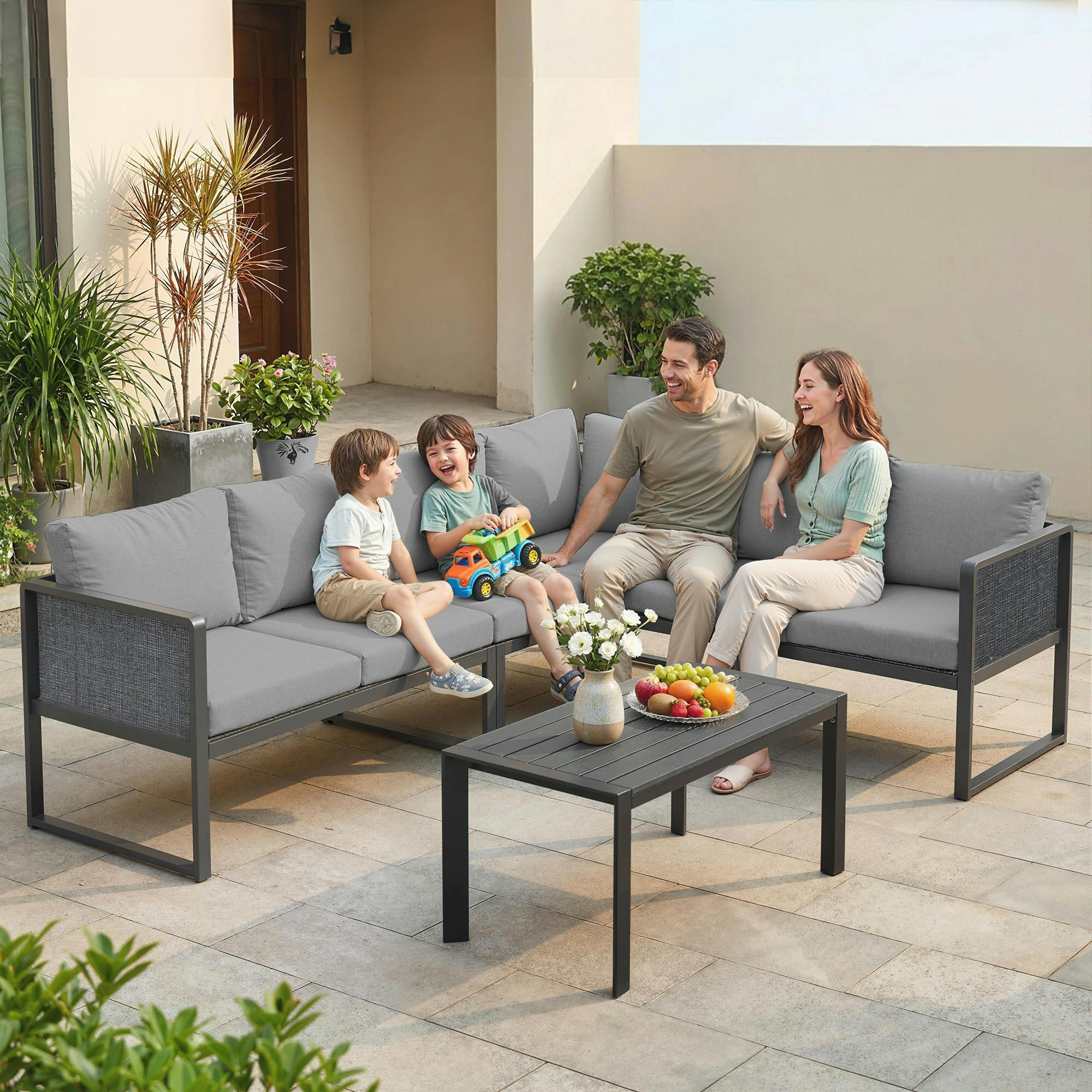 Rackhams Dark/Grey 6 Seater Metal Garden Furniture Corner Sofa Set, - Not Applicable - Metal, Texteline, Cationic Polyester, Wood Plastic Composite