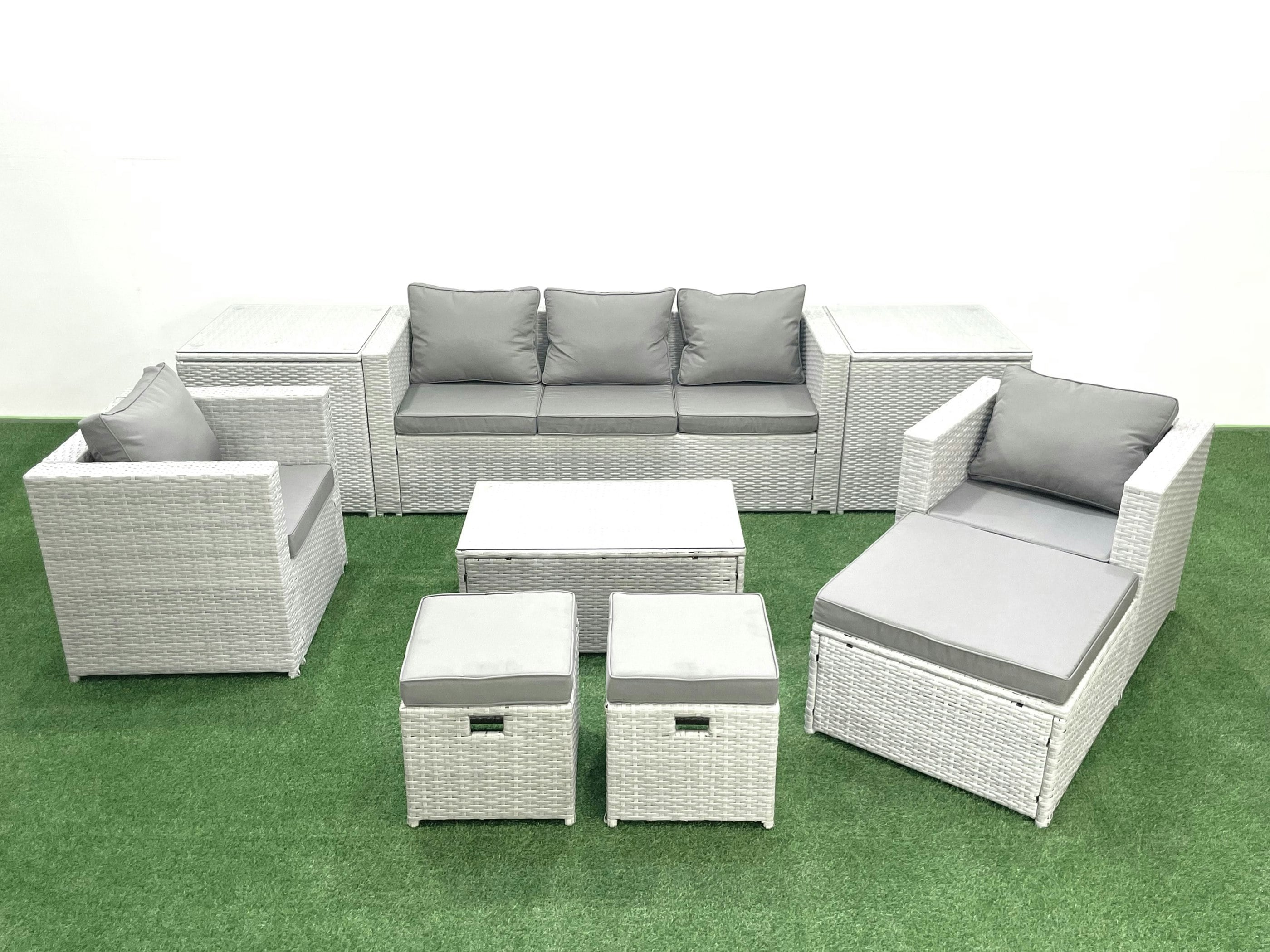 Fimous Light/Grey Rattan Garden Outdoor Furniture Sofa Set With Rectangular Coffee Table 2 Chairs 3 Footstools 2 Side Tables Mixed