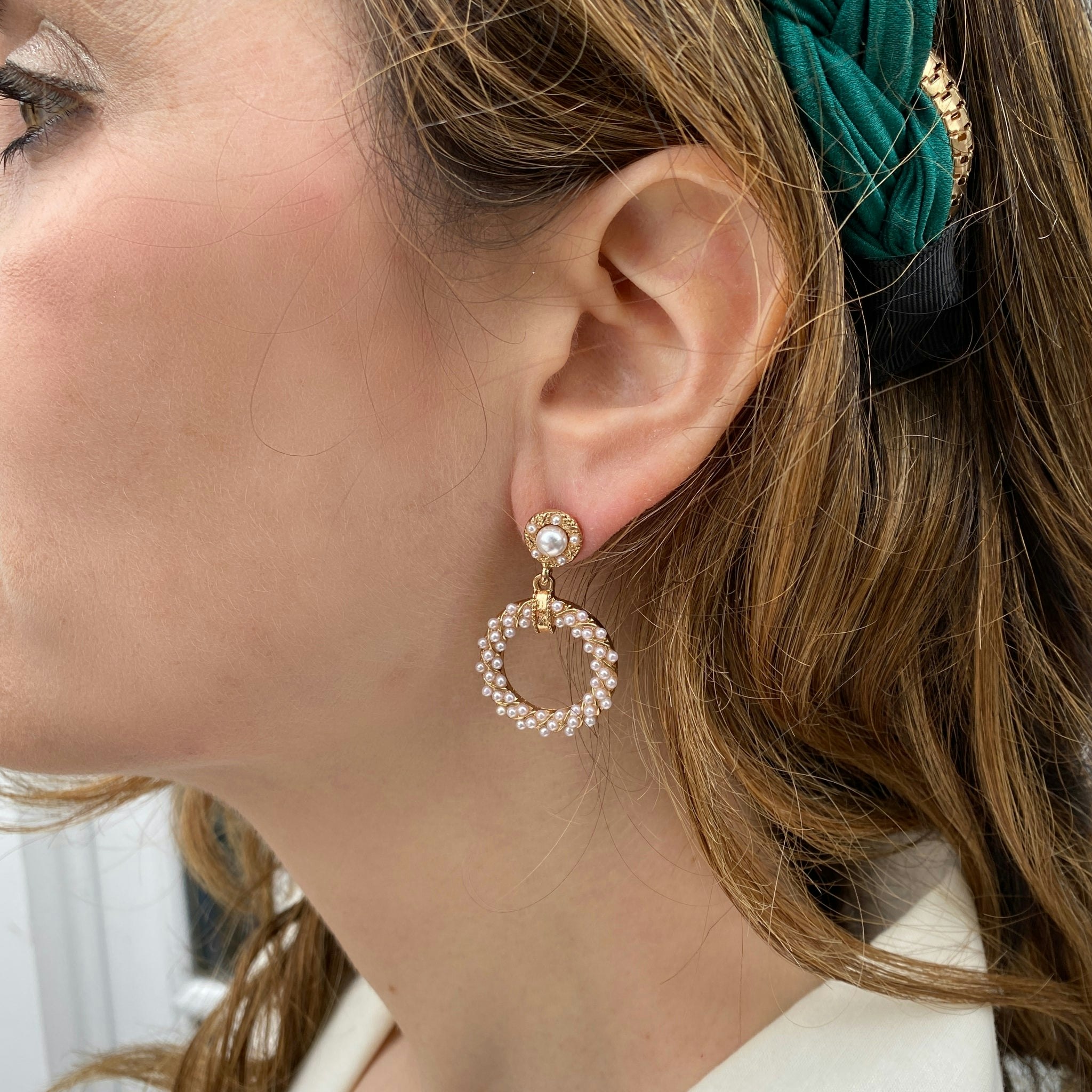 Queenmee Accessories Gold Pearl Earrings Circular Vintage Inspired