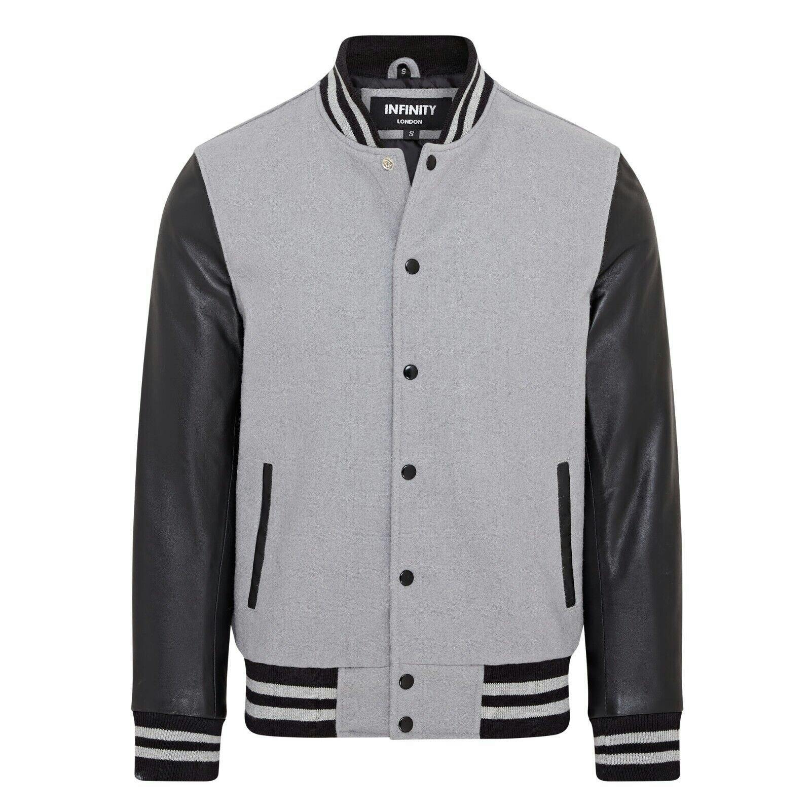 Infinity Leather Grey/Black Letterman Baseball Wool Leather Varsity Bomber Jacket - Genoa - Uk S | Eu 46 | Us 36
