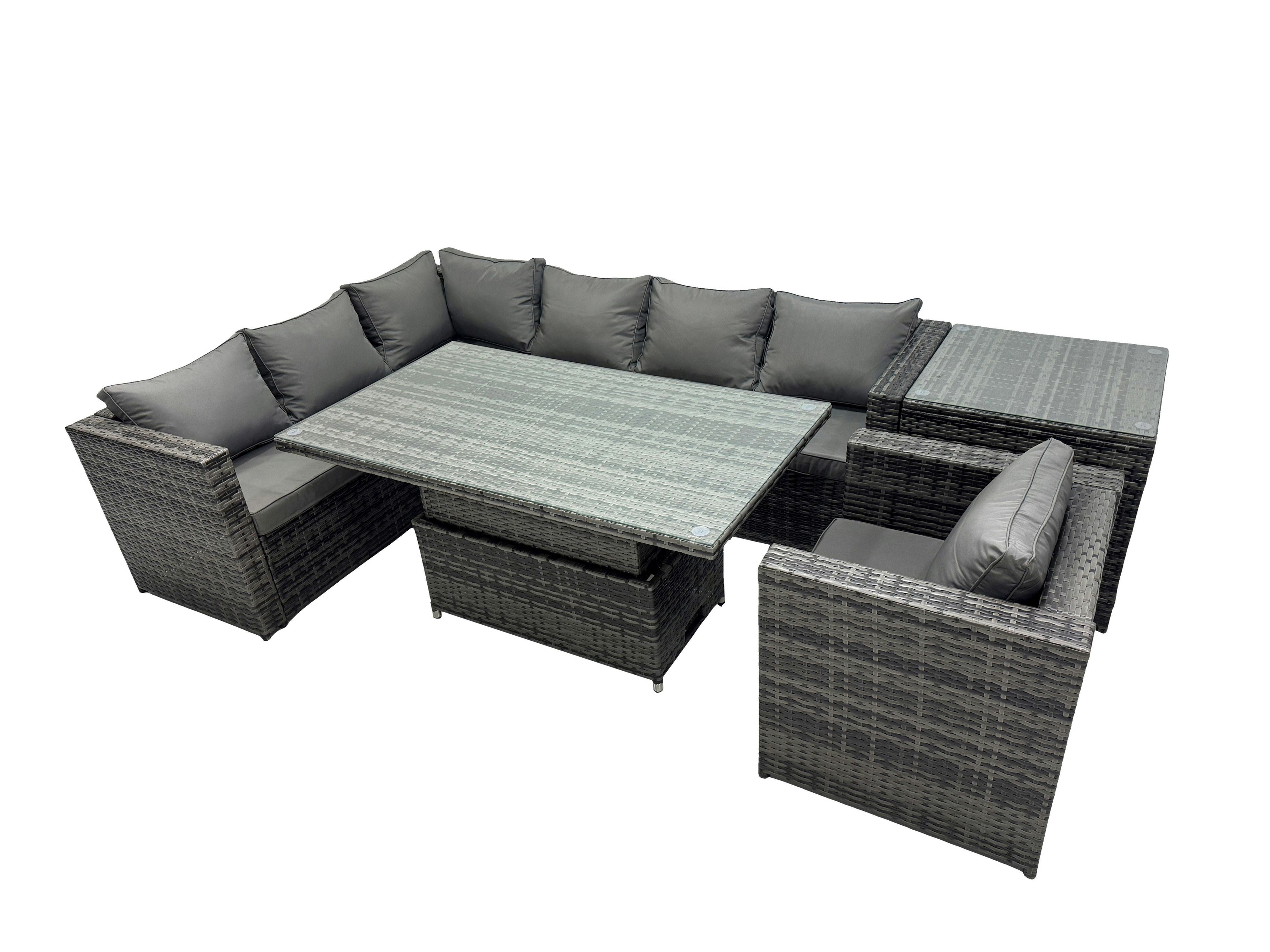 Rackhams Dark/Grey 7 Seater Height Adjustable Rising Lifting Table Corner Sofa Set Rattan Garden Furniture Dining Set With Side Table Mixed