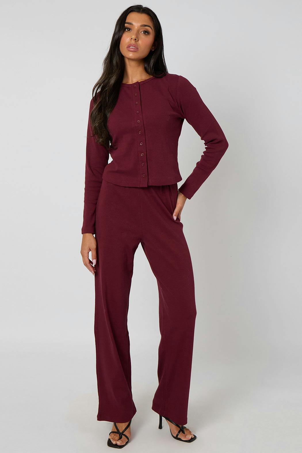 Urban Bliss Burgundy Ribbed Wide Leg Trouser - 12