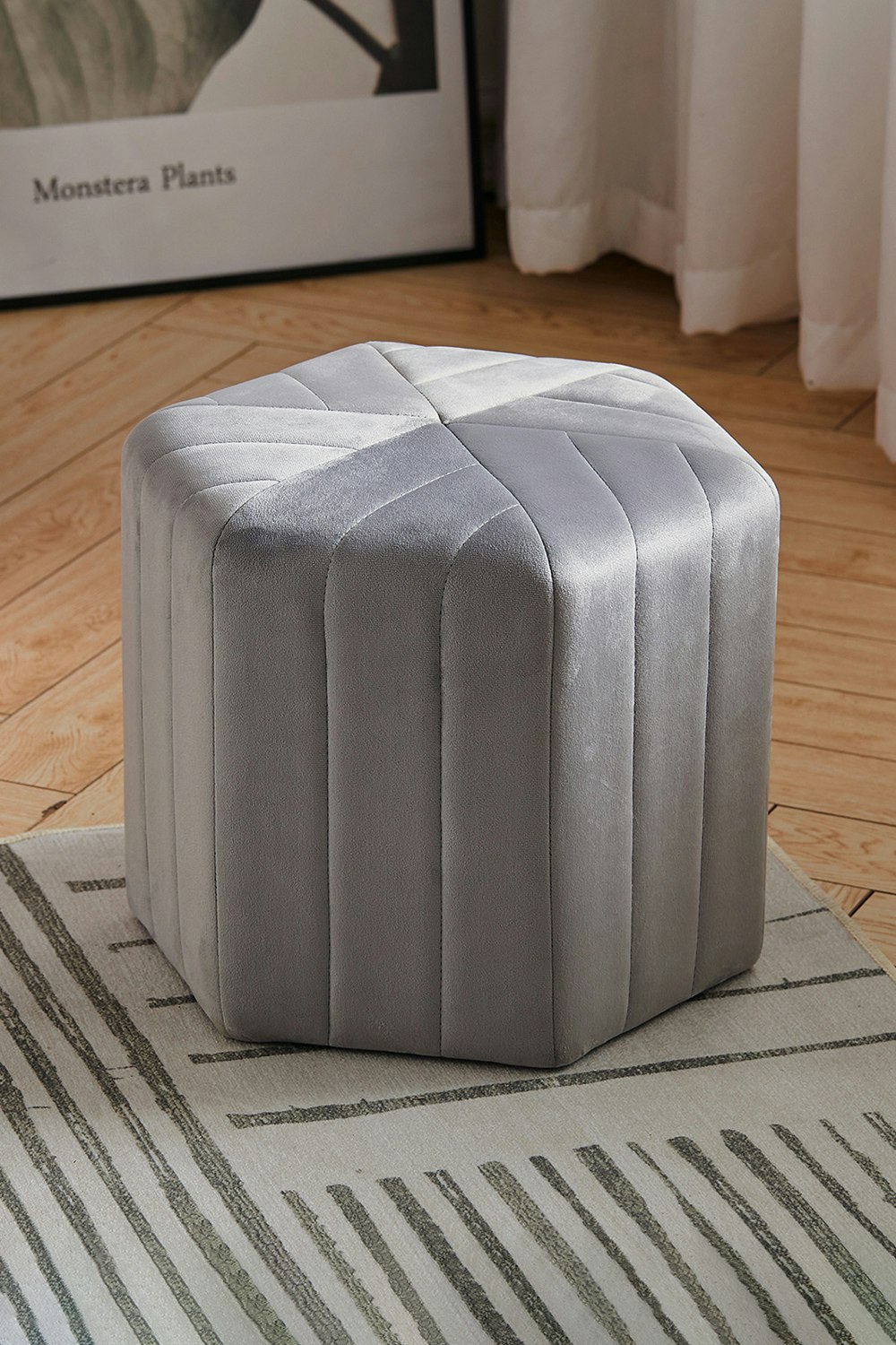Living And Home Grey Sarina Velvet Ottoman Footstool