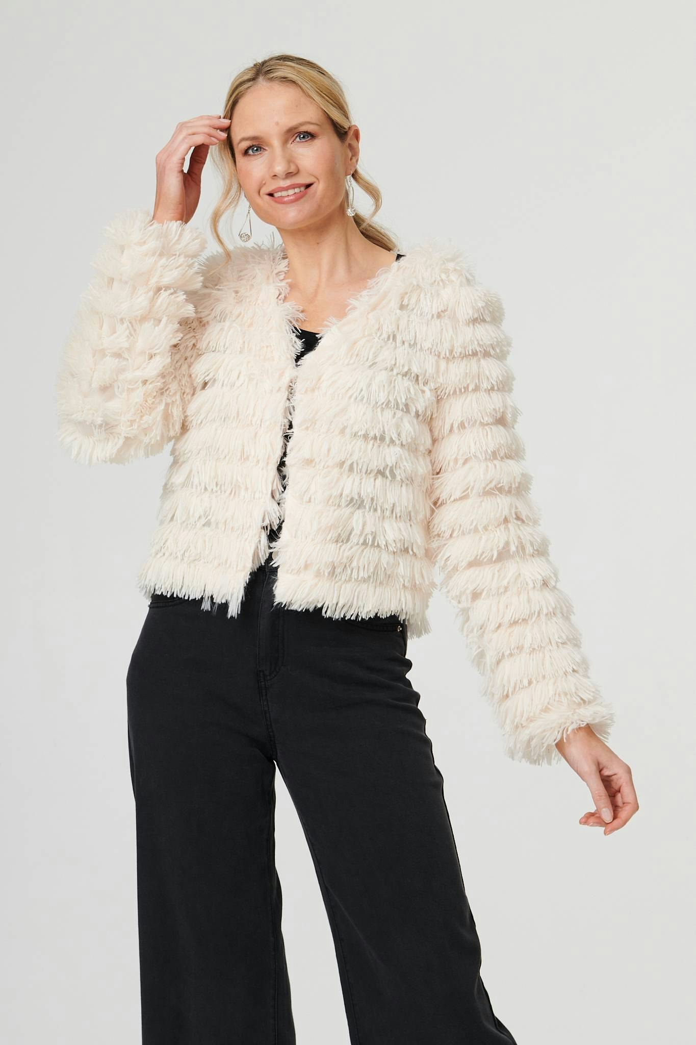 Izabel London Cream Fringed Tassel Texture Relaxed Jacket - 8