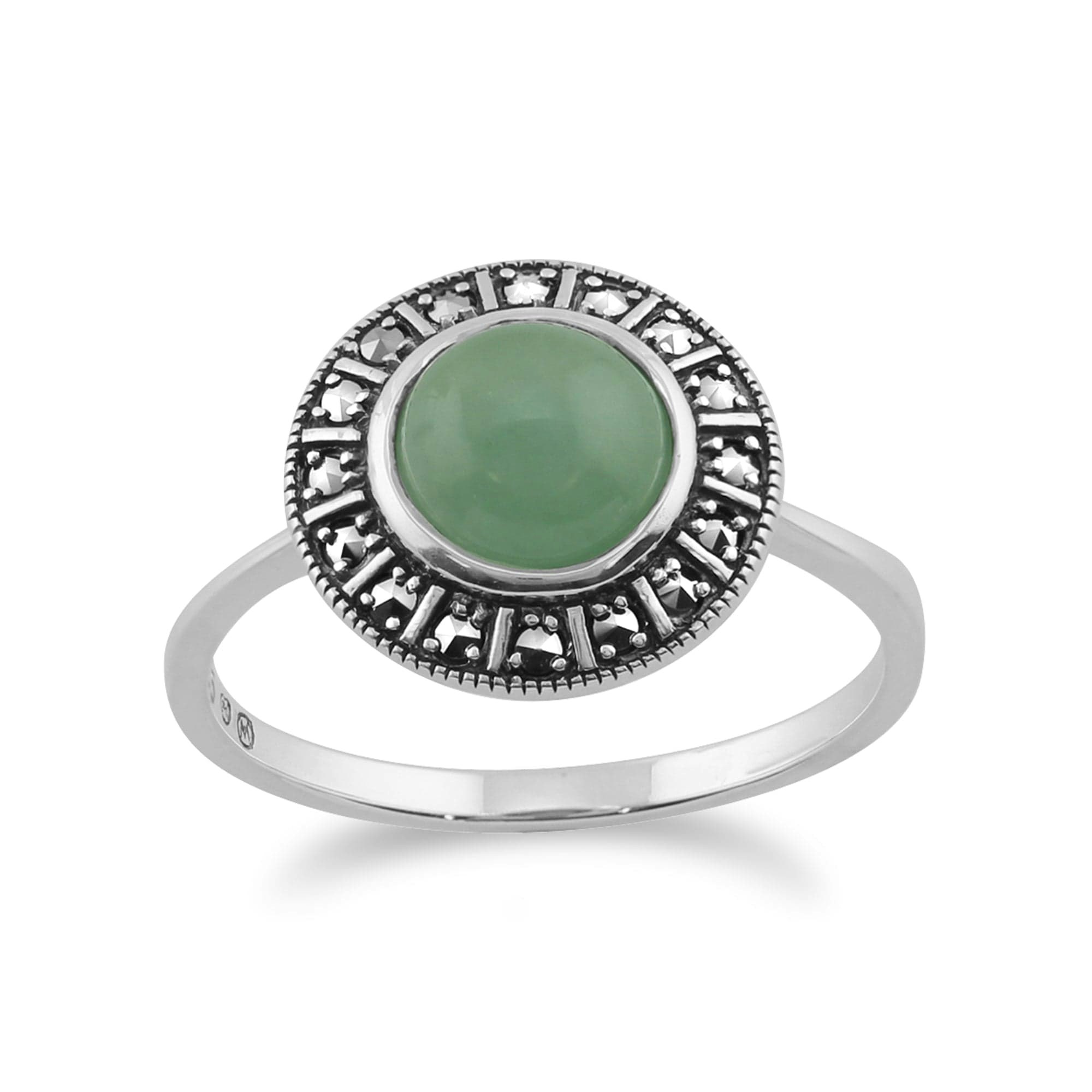 Gemondo Green/Silver Art Deco Style Round Jade Cabochon & Marcasite Halo Ring In 925 Sterling - Q