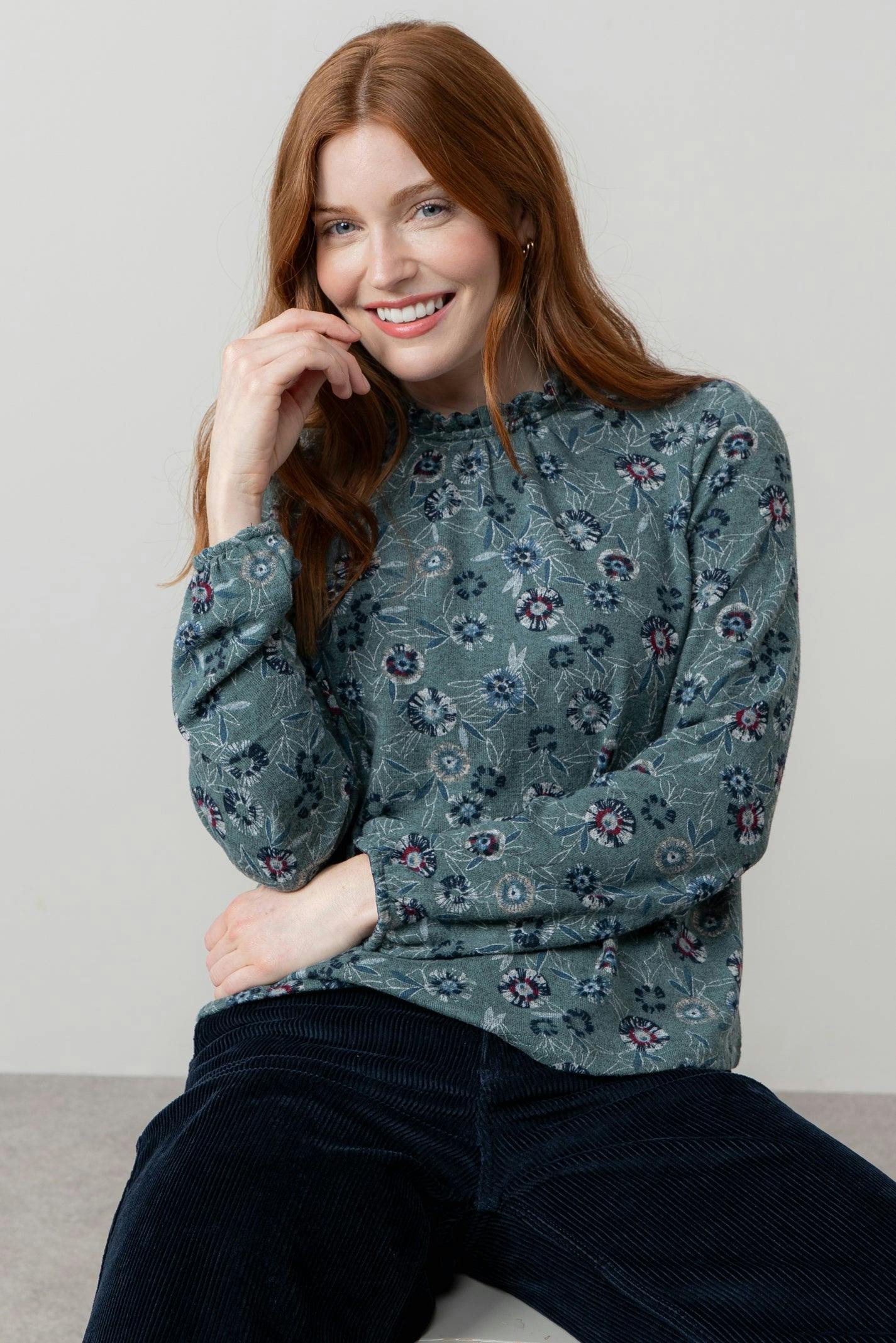 Lily & Me Eastcombe High Neck Floral Print Top Sea Mist - 10 - Sea Mist