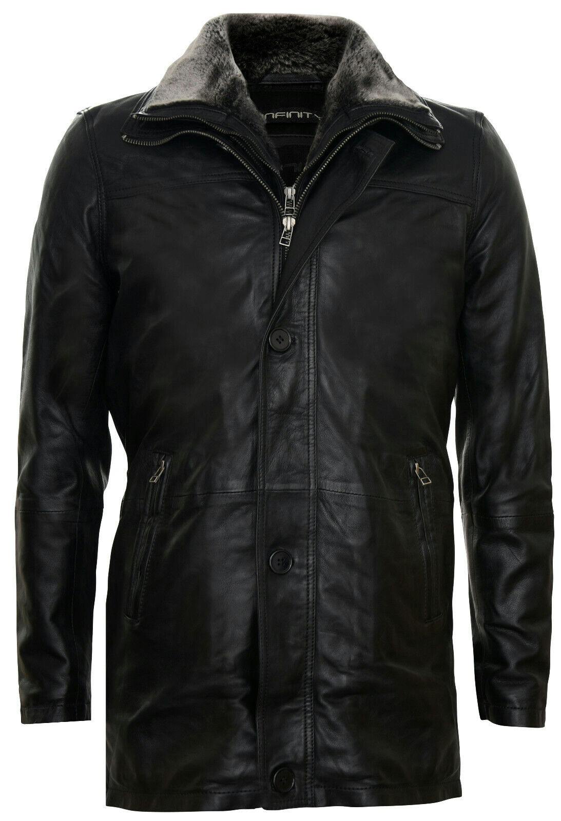 Infinity Leather Men's Black Removable Collar Mid Length Warm Jacket - Uk S | Eu 46 | Us 36